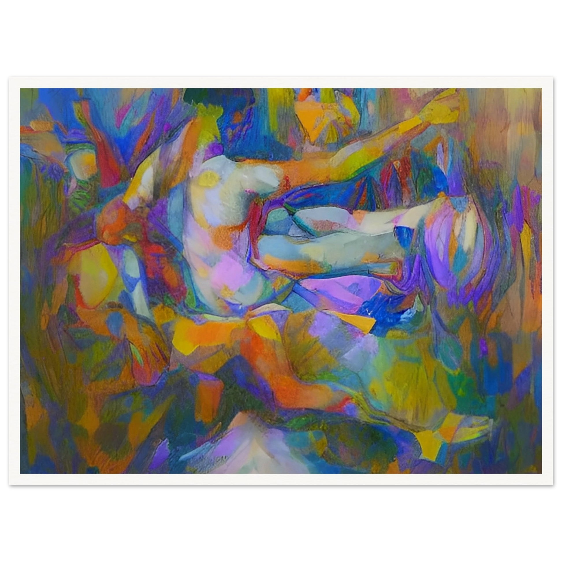 An abstract painting of human figures with vibrant, dynamic colors and forms creating a sense of movement and energy.