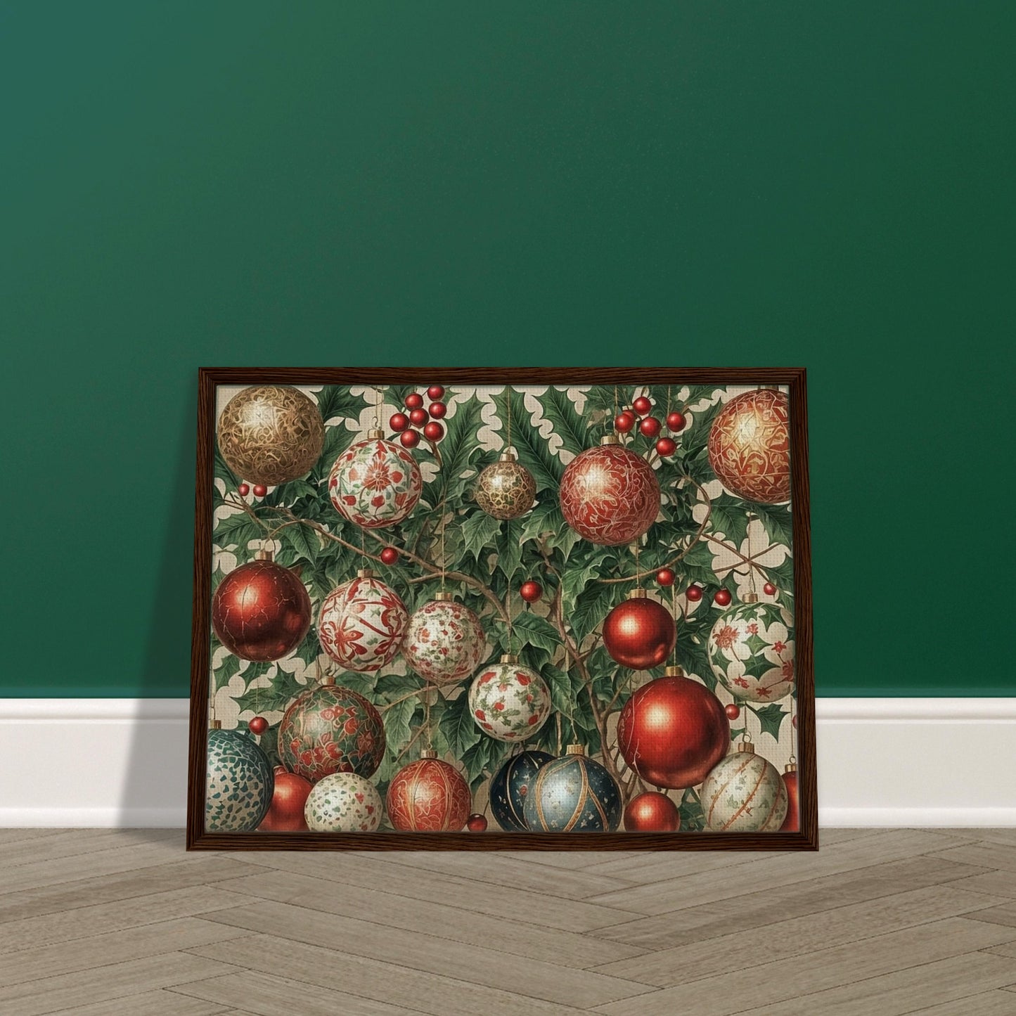A collection of intricately designed Christmas ornaments in red, gold, and green, hanging from holly branches adorned with berries, creating a festive holiday scene.