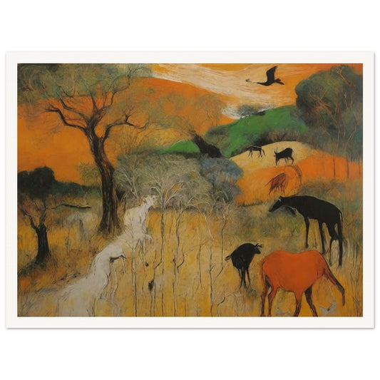 A vivid depiction of various wild animals grazing and roaming in a vibrant, colorful landscape with trees and open fields.