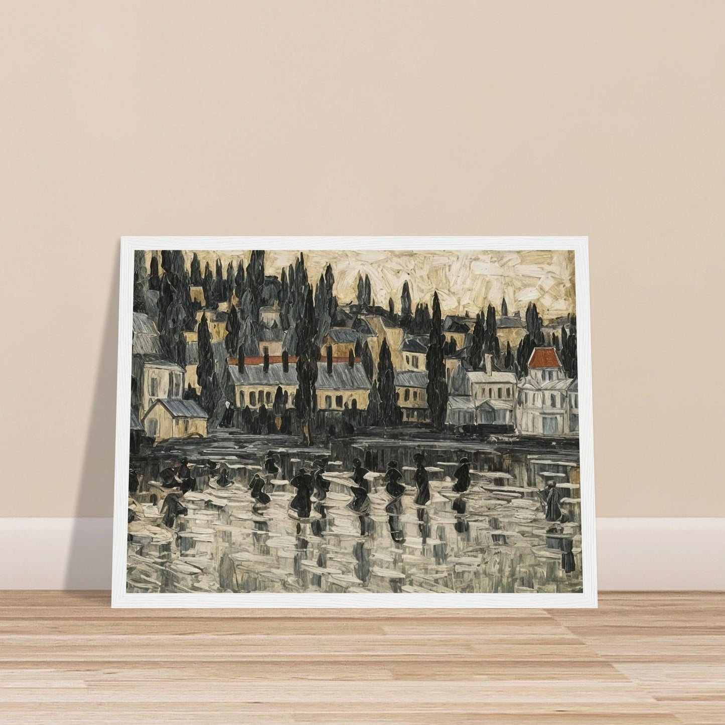 A textured painting of a serene townscape reflected on a misty lake, with tall trees and buildings set against a soft, muted sky.