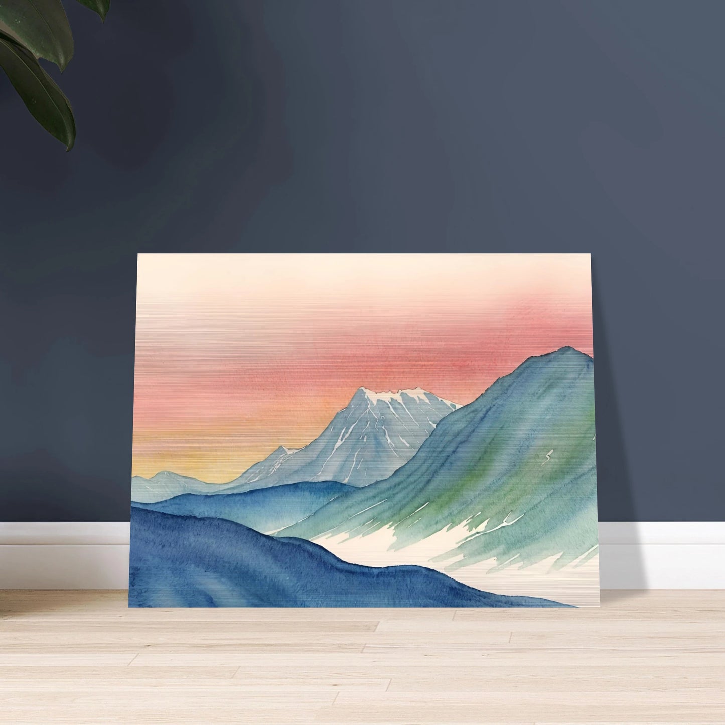 Cool-toned mountain ridges meet a radiant pink and yellow sky in this tranquil watercolor of a twilight alpine scene.