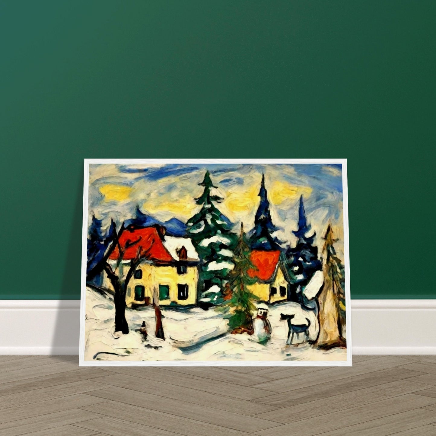 A picturesque village scene with snow-covered cabins, tall pine trees, and a snowman under a golden-yellow sky, capturing the peaceful charm of a winter landscape.
