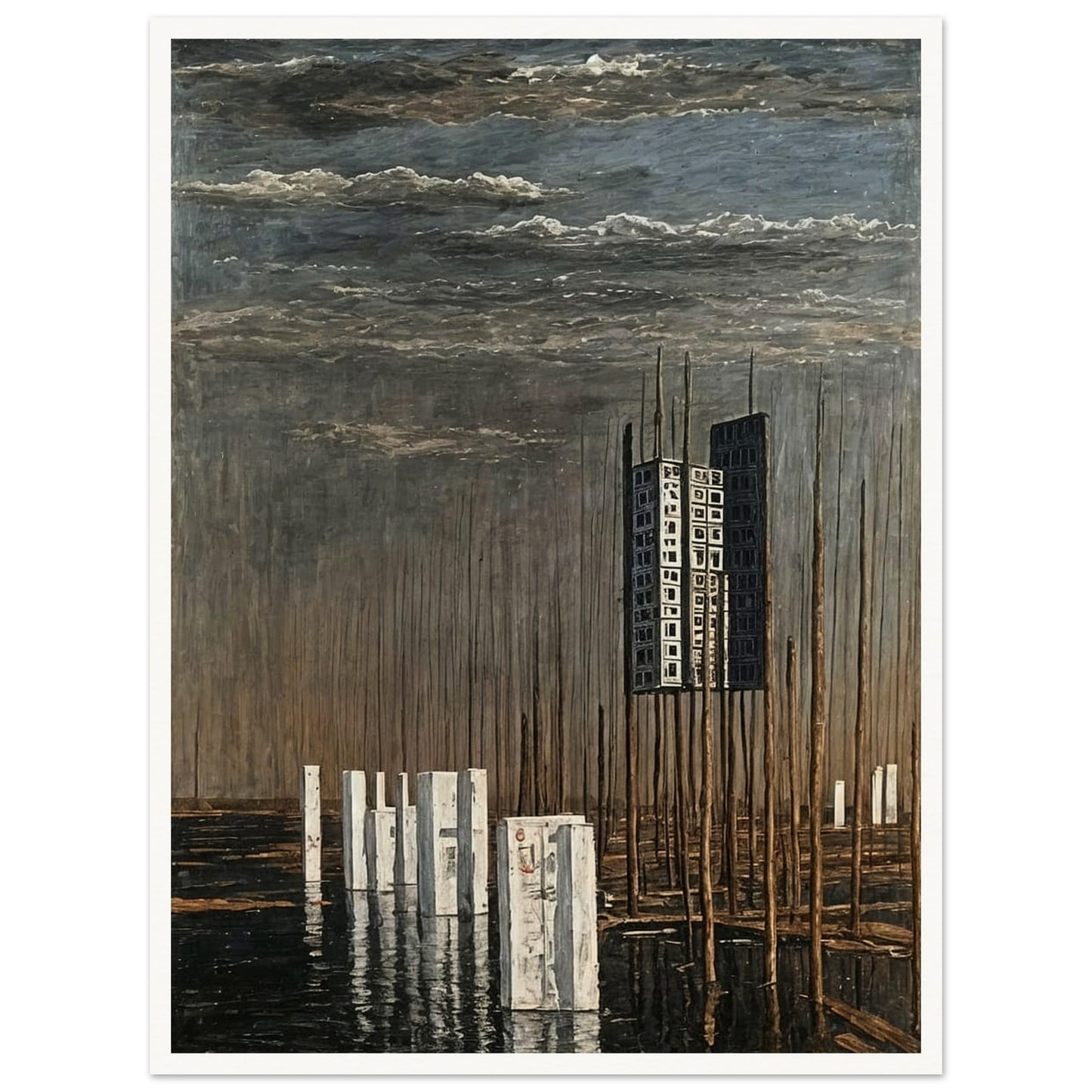 A surreal landscape painting featuring a tall, isolated building suspended among thin wooden poles, with reflective water and a cloudy sky.