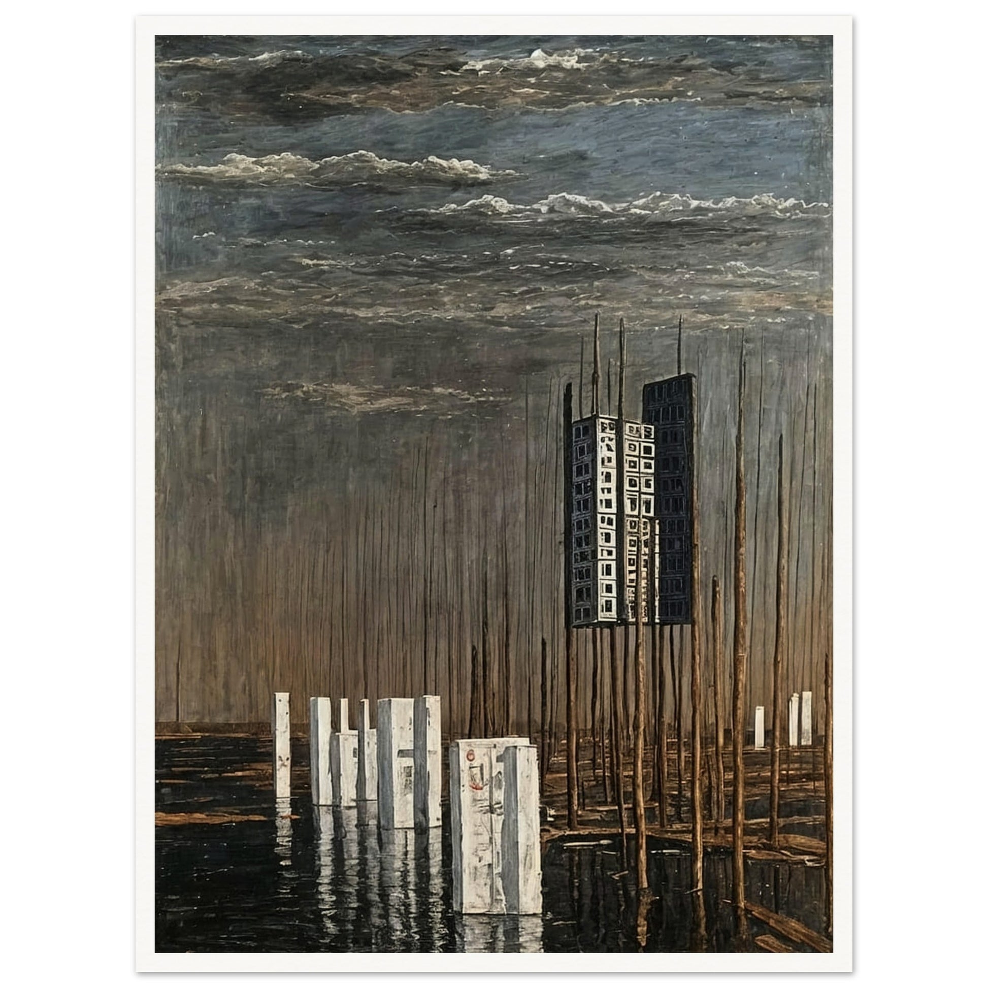 A surreal landscape painting featuring a tall, isolated building suspended among thin wooden poles, with reflective water and a cloudy sky.