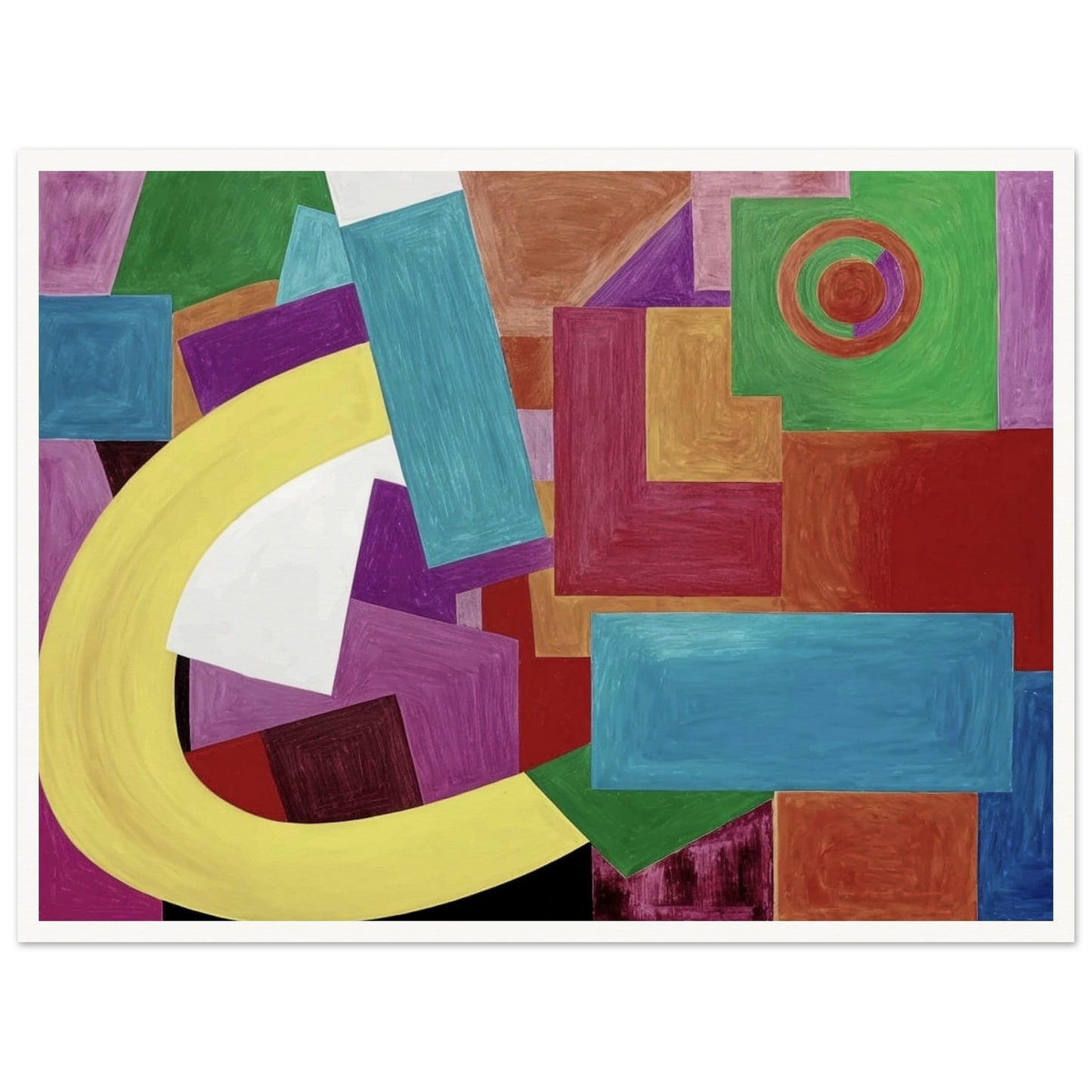 Dynamic composition of colorful geometric shapes, featuring rectangles, squares, and arcs in bold hues of yellow, blue, green, and red.