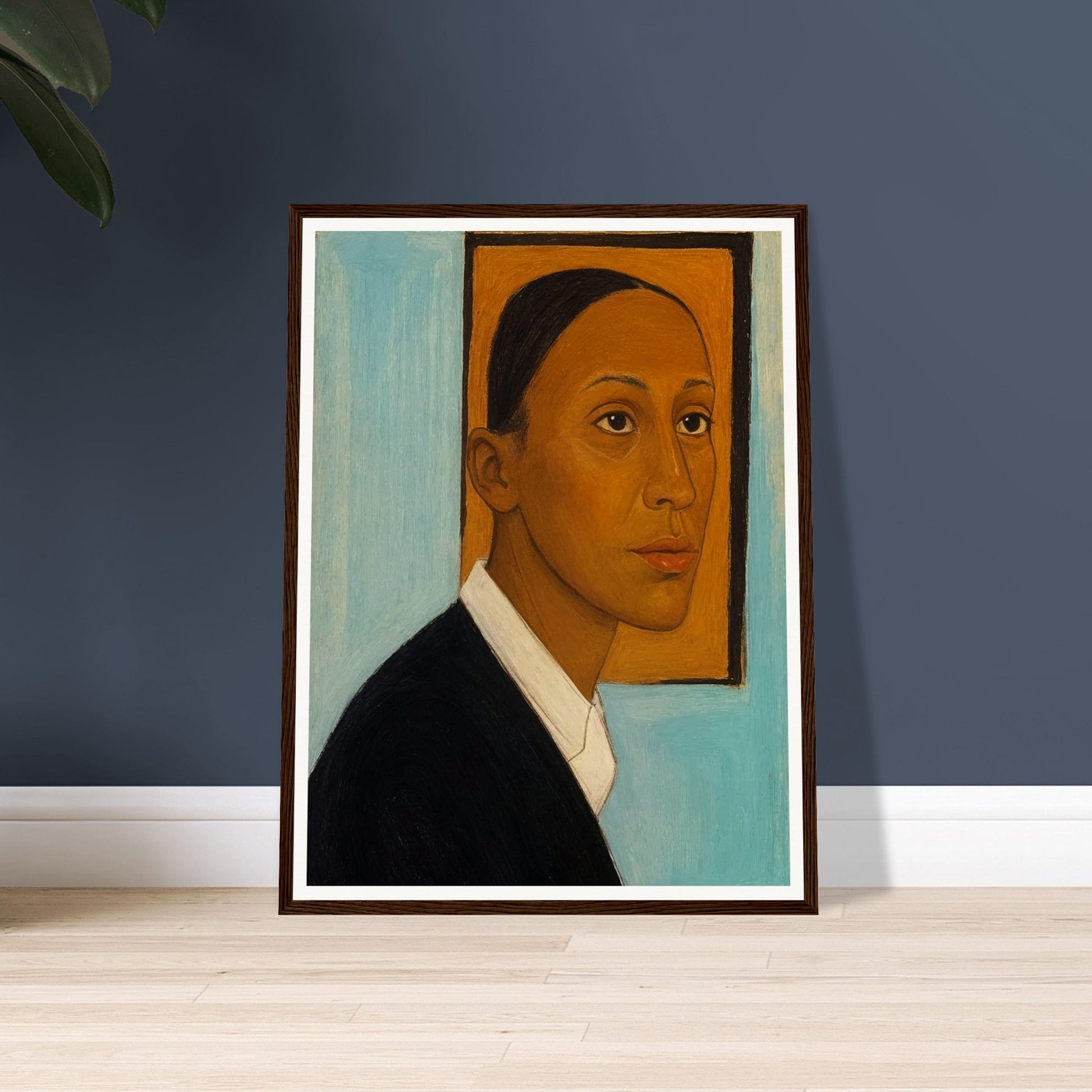 Stylized painting of a person in profile wearing a black jacket and white shirt against a light blue background with an orange frame behind the head.