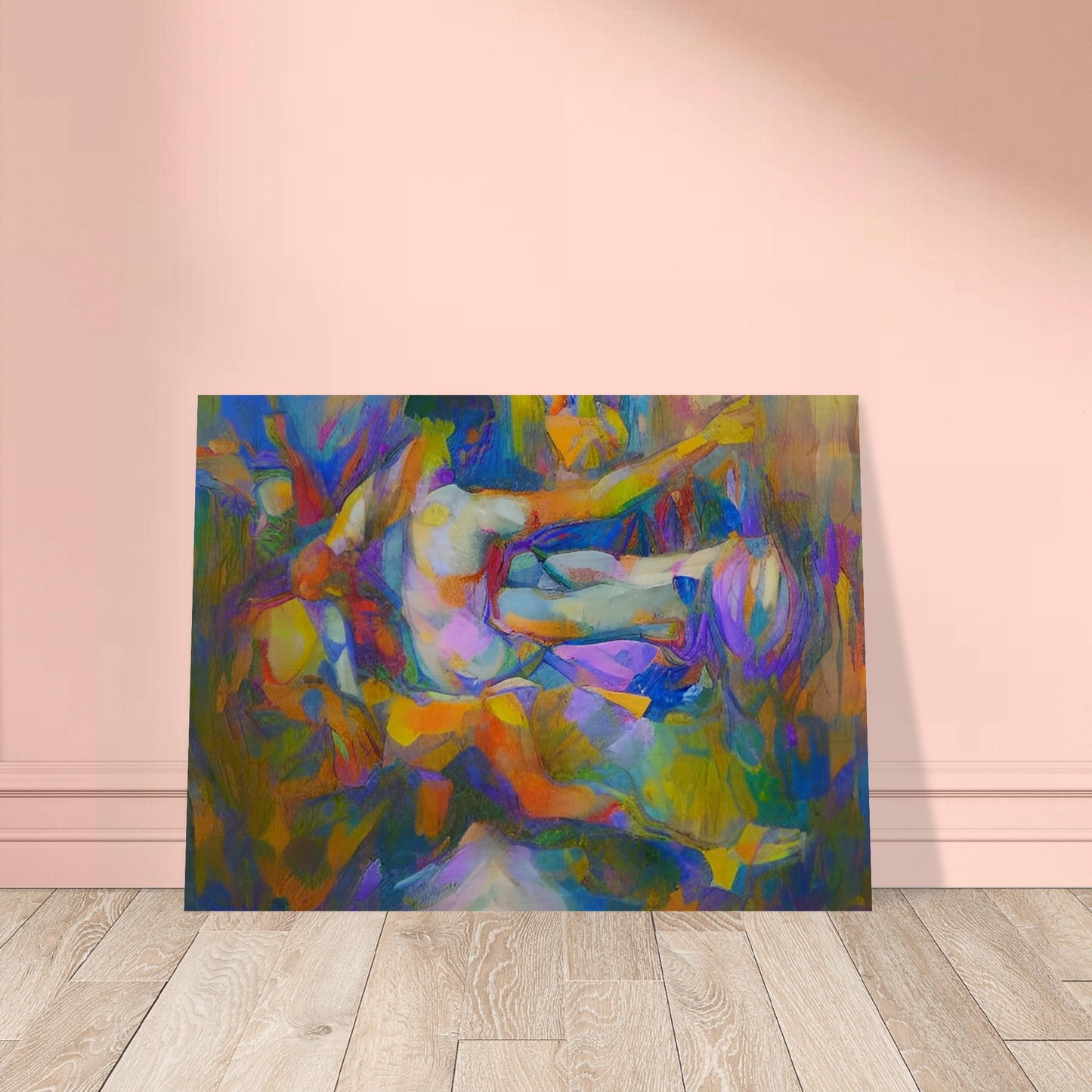 An abstract painting of human figures with vibrant, dynamic colors and forms creating a sense of movement and energy.
