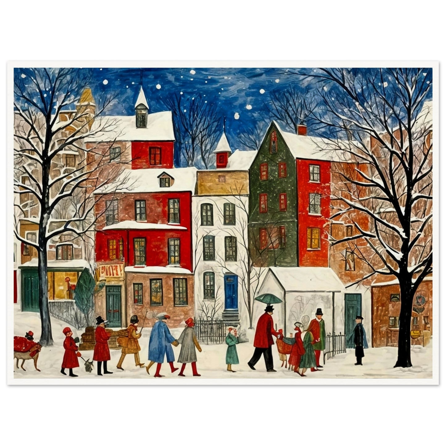A charming cityscape with people walking down a snow-covered street, surrounded by colorful houses and trees under a starry night sky, capturing the holiday spirit.