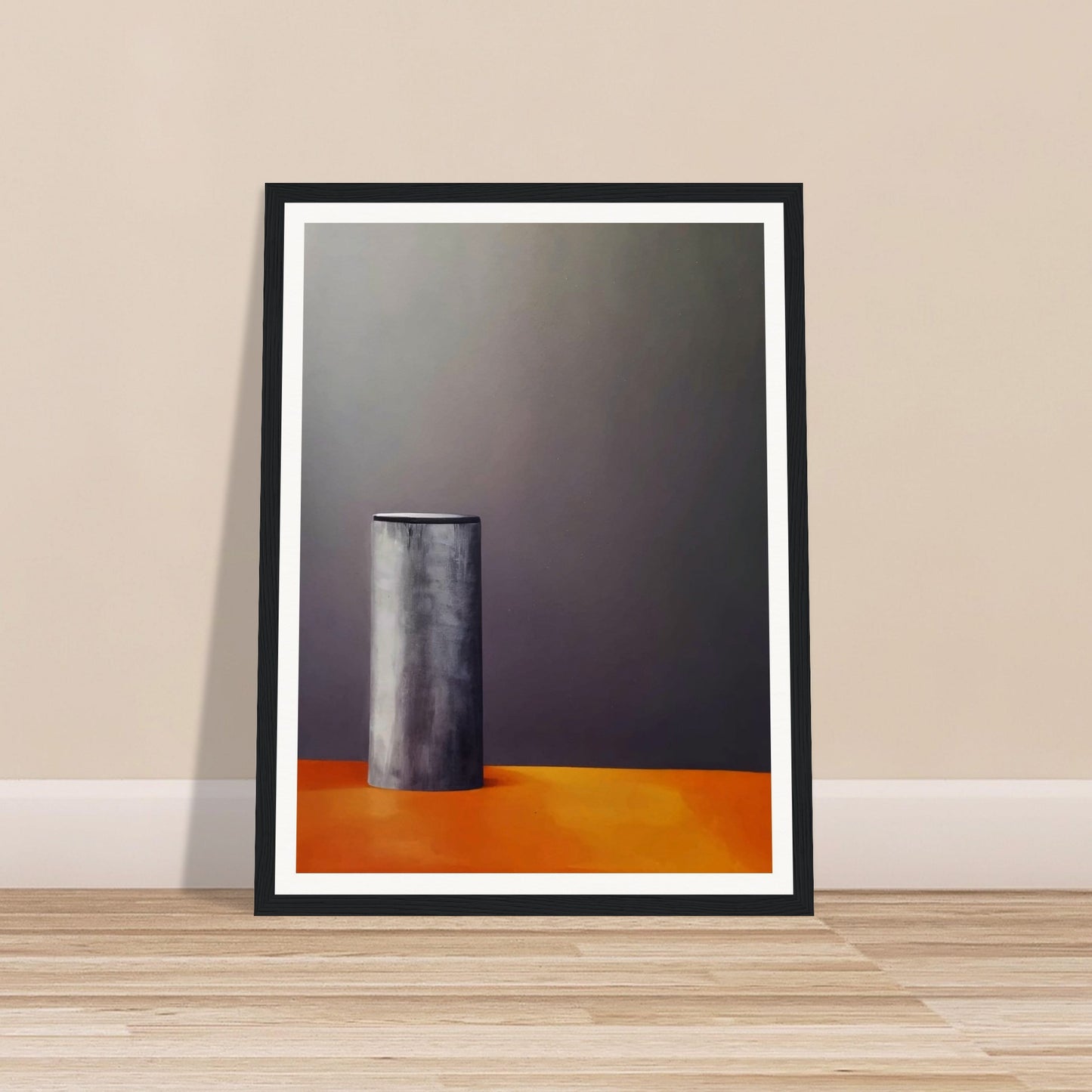 A minimalistic composition featuring a single cylindrical gray object standing on a warm orange surface against a dark, muted background, evoking stillness and simplicity.