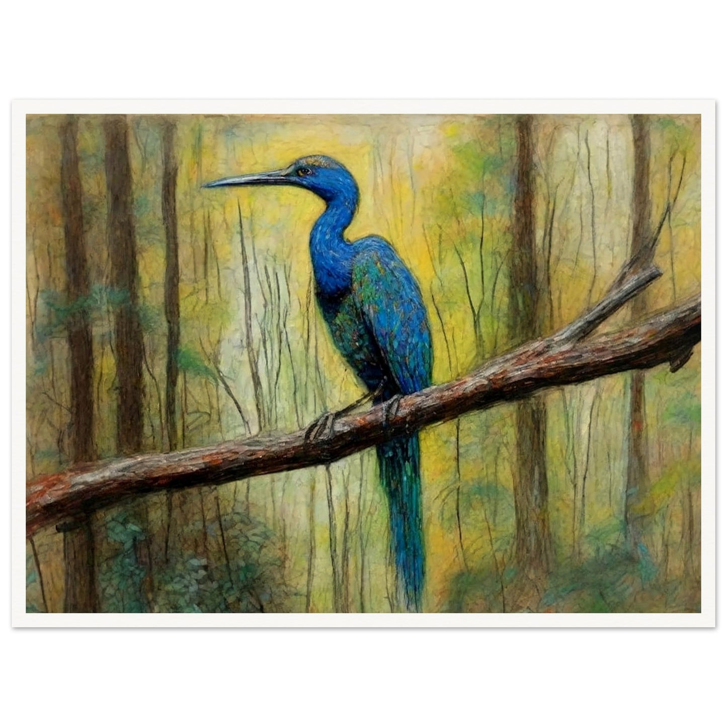 "A detailed painting of a vibrant blue bird perched on a tree branch in a forest, surrounded by soft, natural light filtering through the trees."