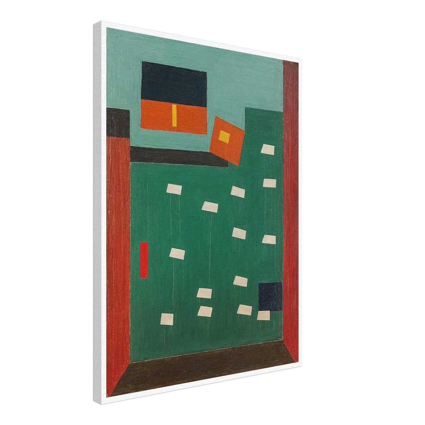 A geometric composition featuring bold blocks of color with shapes suspended in a grid-like pattern, creating a sense of structured order.