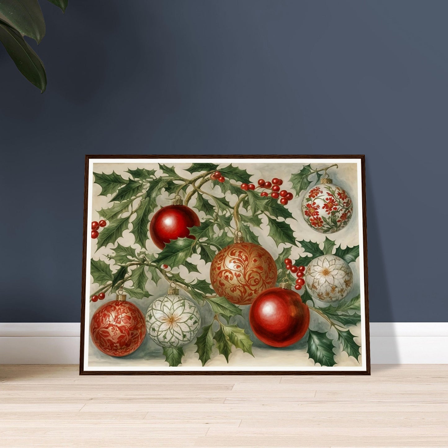 A festive display of red and gold Christmas ornaments hanging from holly branches, adorned with intricate floral and scroll patterns, evoking holiday elegance and warmth.