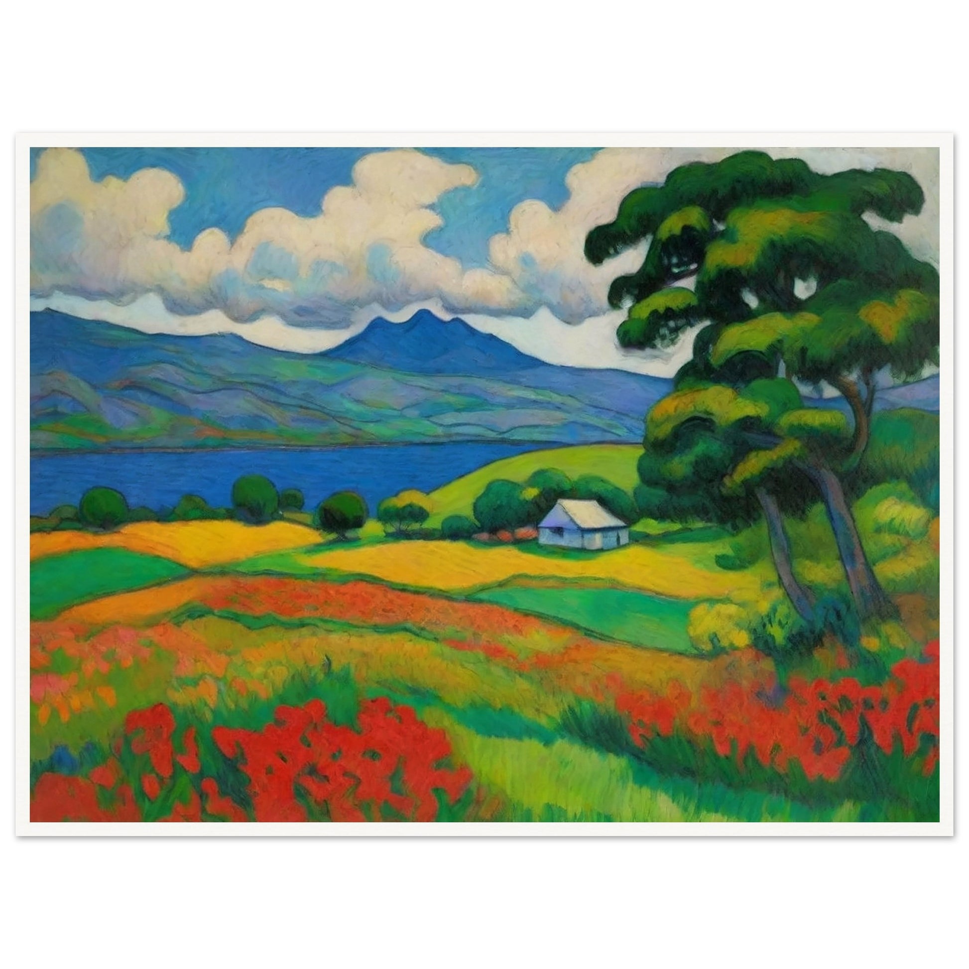 "A vibrant landscape painting featuring rolling hills, a calm lake, and colorful fields of red, yellow, and green, with a distant mountain."