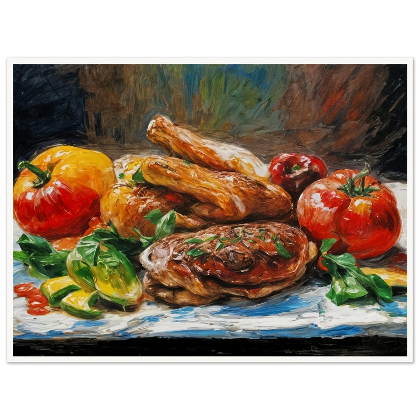 A colorful arrangement of roasted meats and fresh vegetables, including bright tomatoes and peppers, displayed on a rustic background.