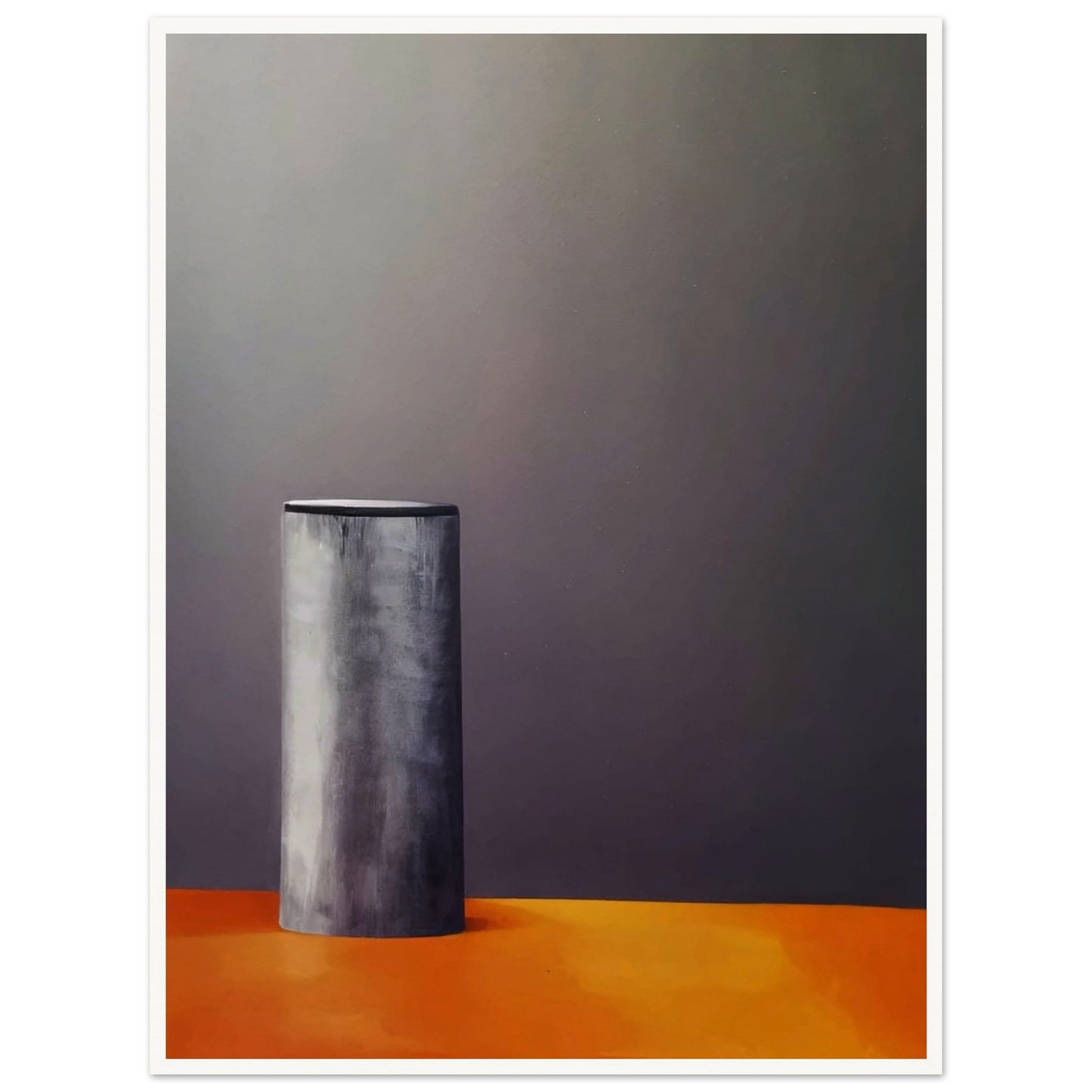 A minimalistic composition featuring a single cylindrical gray object standing on a warm orange surface against a dark, muted background, evoking stillness and simplicity.