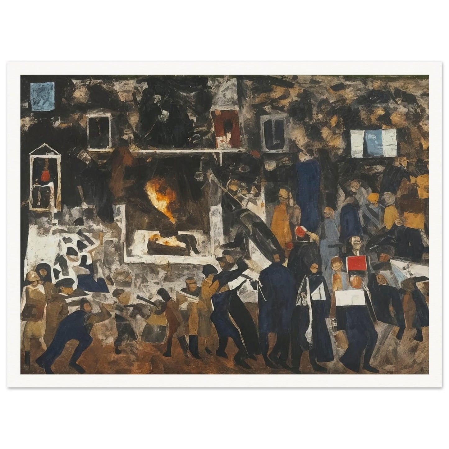 A powerful depiction of a crowded protest scene with figures in motion, conveying the energy and tension of a moment of social unrest.