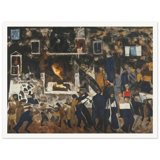 A powerful depiction of a crowded protest scene with figures in motion, conveying the energy and tension of a moment of social unrest.