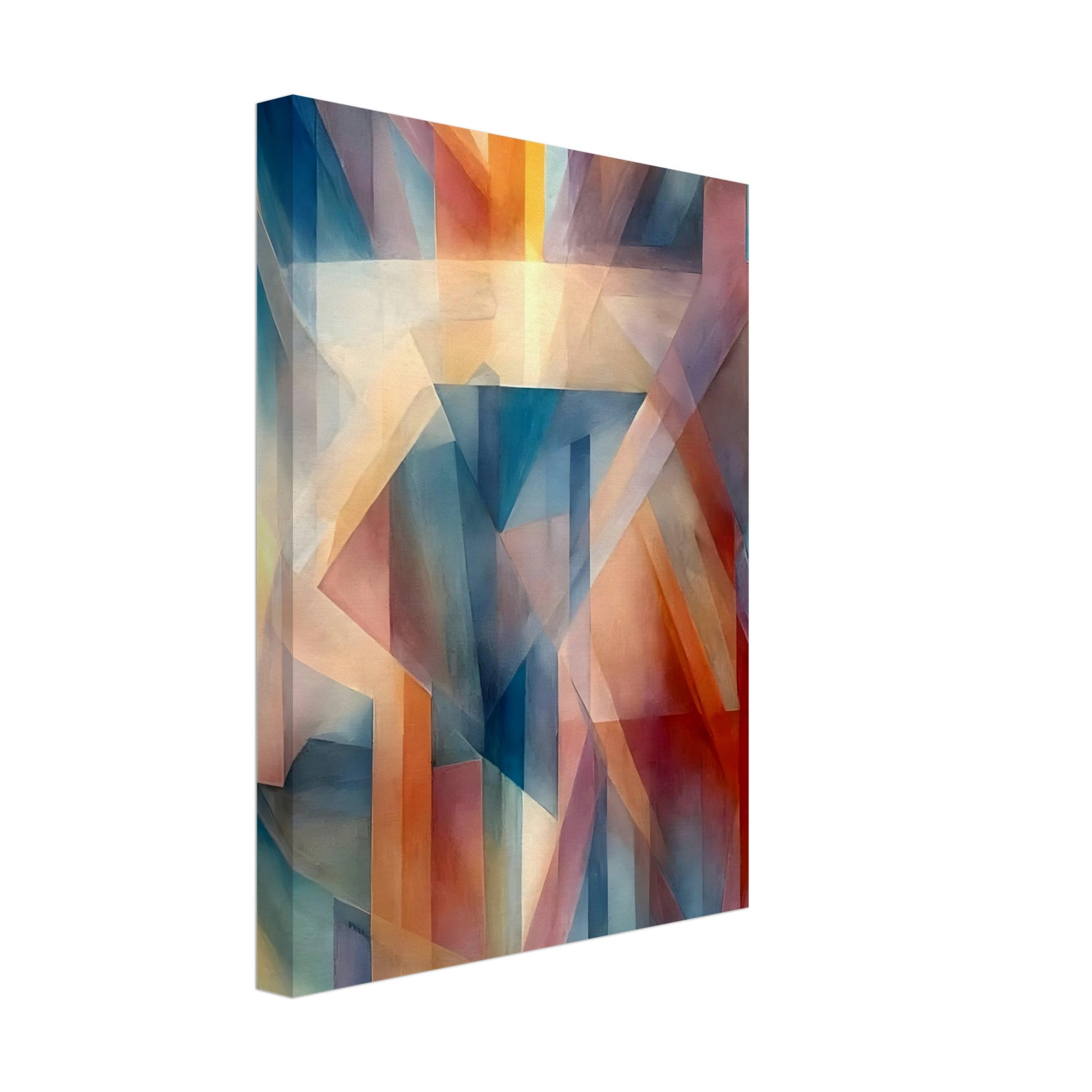 An abstract geometric artwork with interlocking shapes in warm oranges, reds, and cool blues, blending together to create a sense of depth and shifting light.