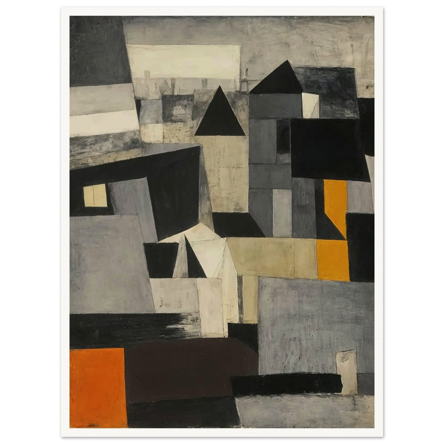 A dynamic composition of fragmented cityscape elements in shades of gray, black, and orange, creating an intriguing visual narrative.
