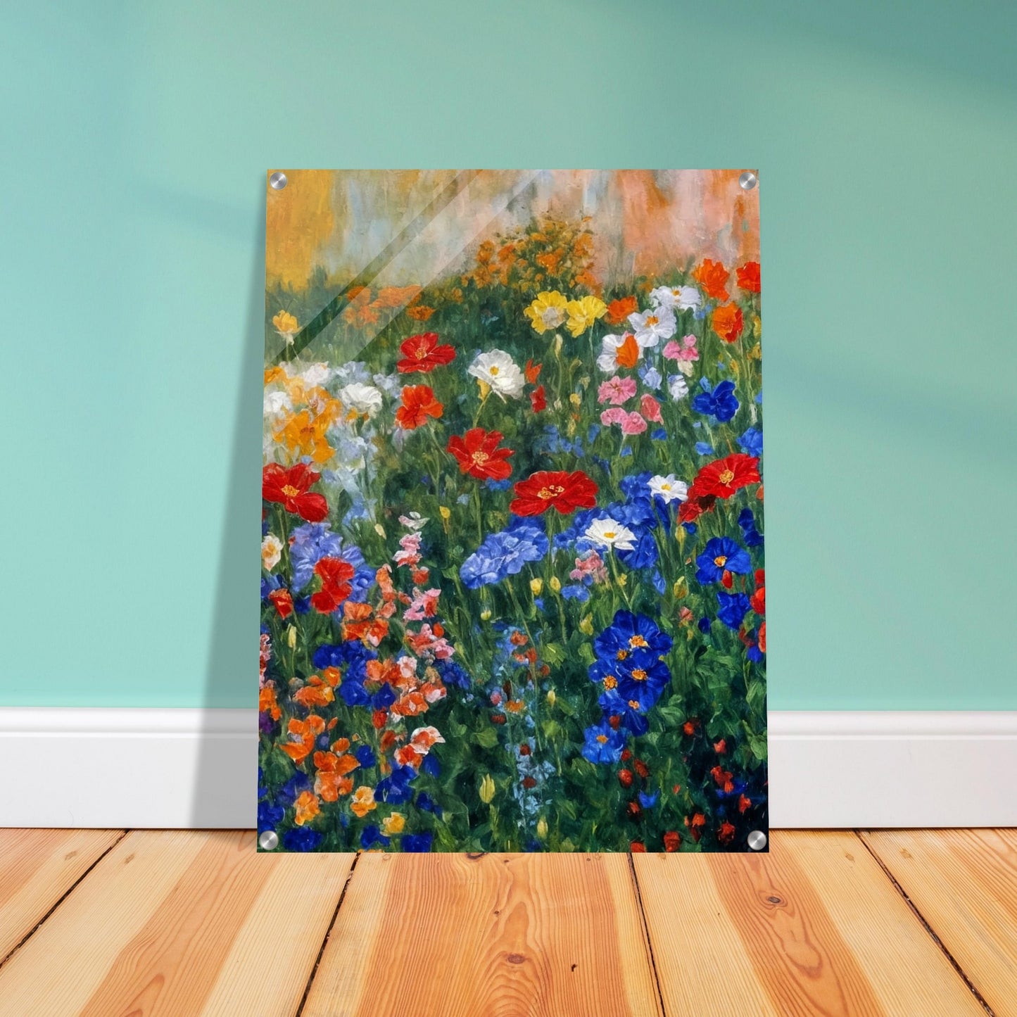 Colorful painting of a blooming garden filled with various flowers in red, blue, and yellow hues against a soft, textured background