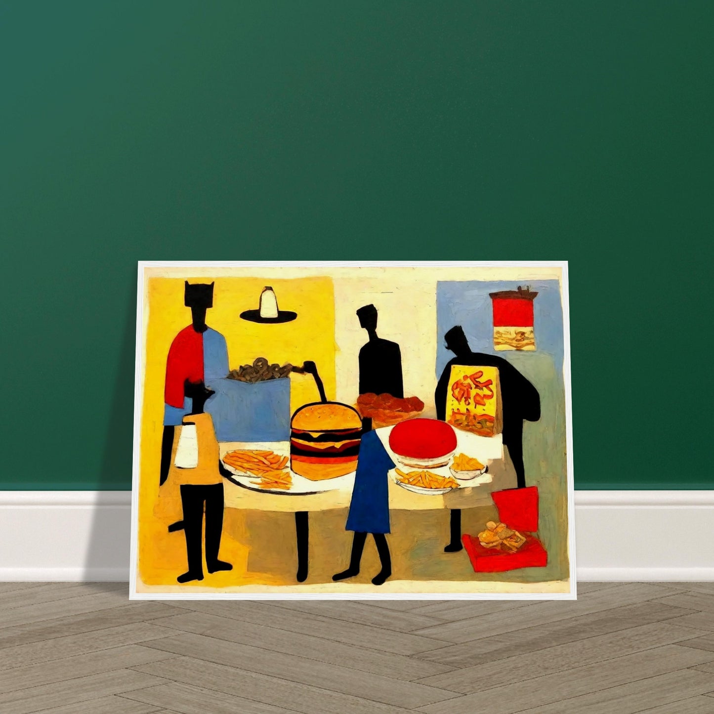 "An abstract painting of figures gathered around a table full of fast food items, including a burger, fries, pizza, and soda."