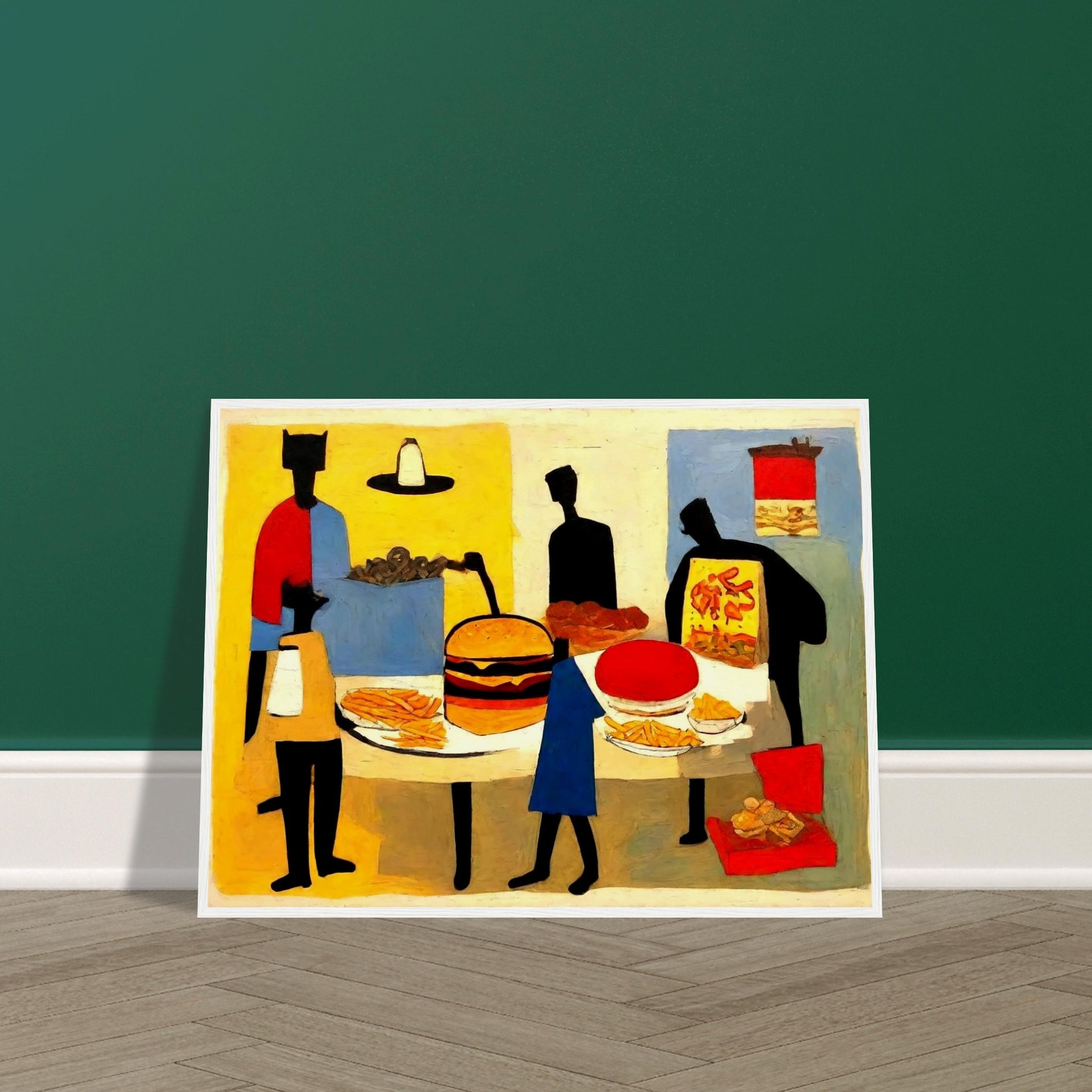 "An abstract painting of figures gathered around a table full of fast food items, including a burger, fries, pizza, and soda."