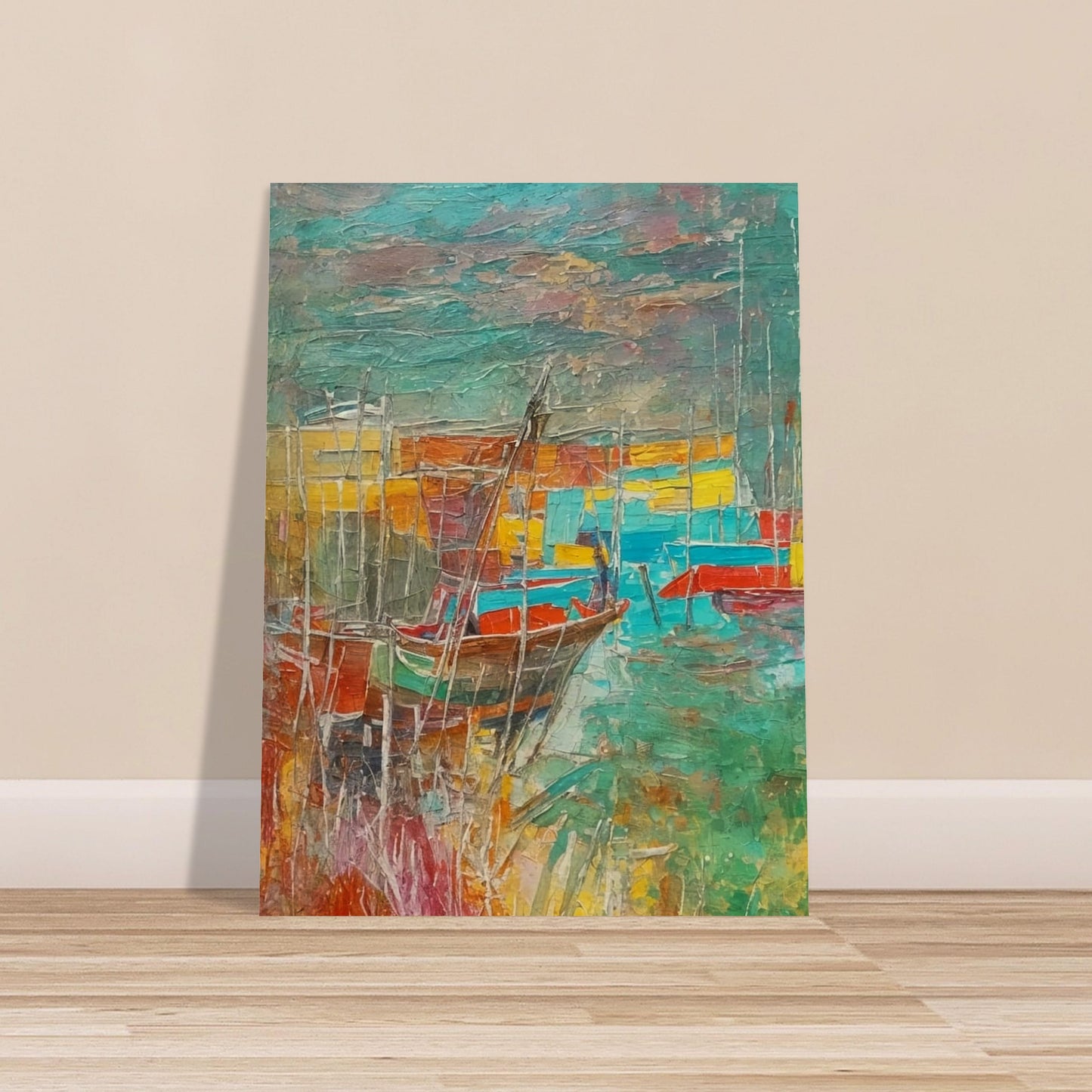 A vibrant, textured painting of boats docked at a harbor, with bold colors of red, blue, and yellow blending into the water and sky, creating a lively and colorful seascape.