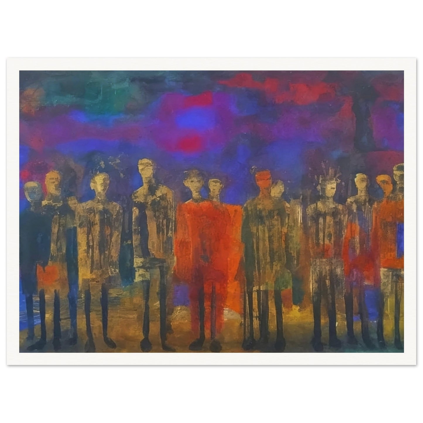 A mysterious gathering of figures in muted tones, set against a vibrant, multicolored backdrop that evokes a sense of silent contemplation.