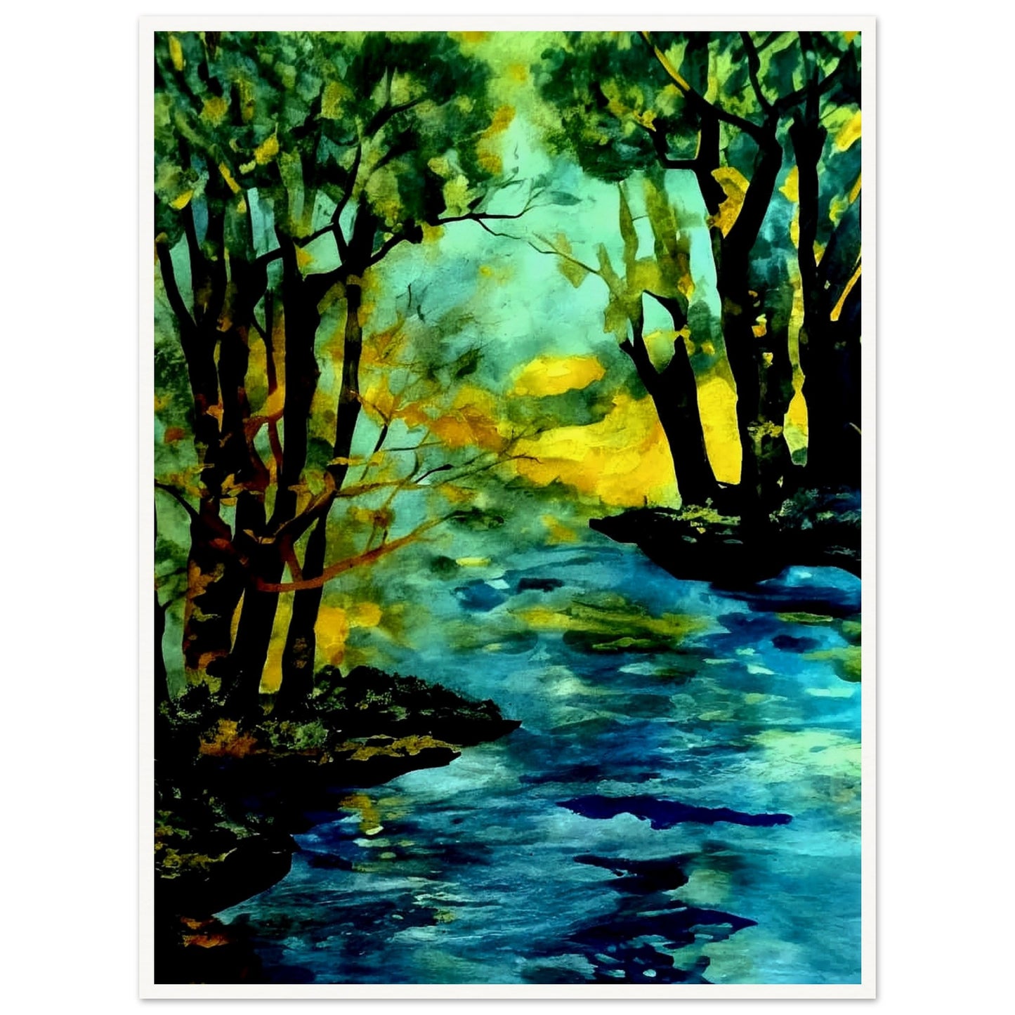 A vibrant landscape painting of a river flowing through a forest, with trees reflecting in the water and a warm glow of sunlight in the background, evoking tranquility and nature's beauty.
