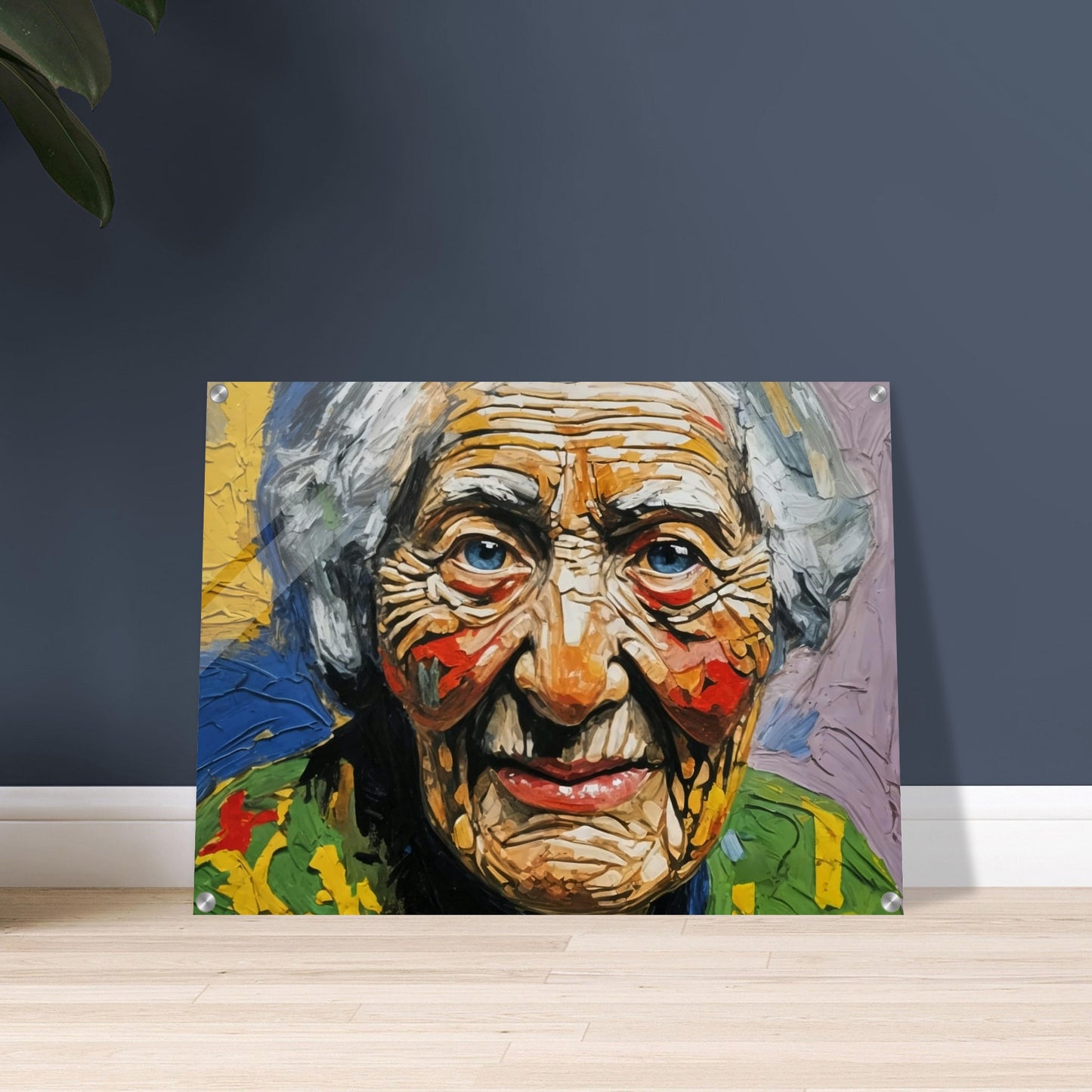 A vivid portrait of an elderly woman with expressive wrinkles and bright blue eyes, capturing the essence of a life well-lived through bold and textured brushstrokes.