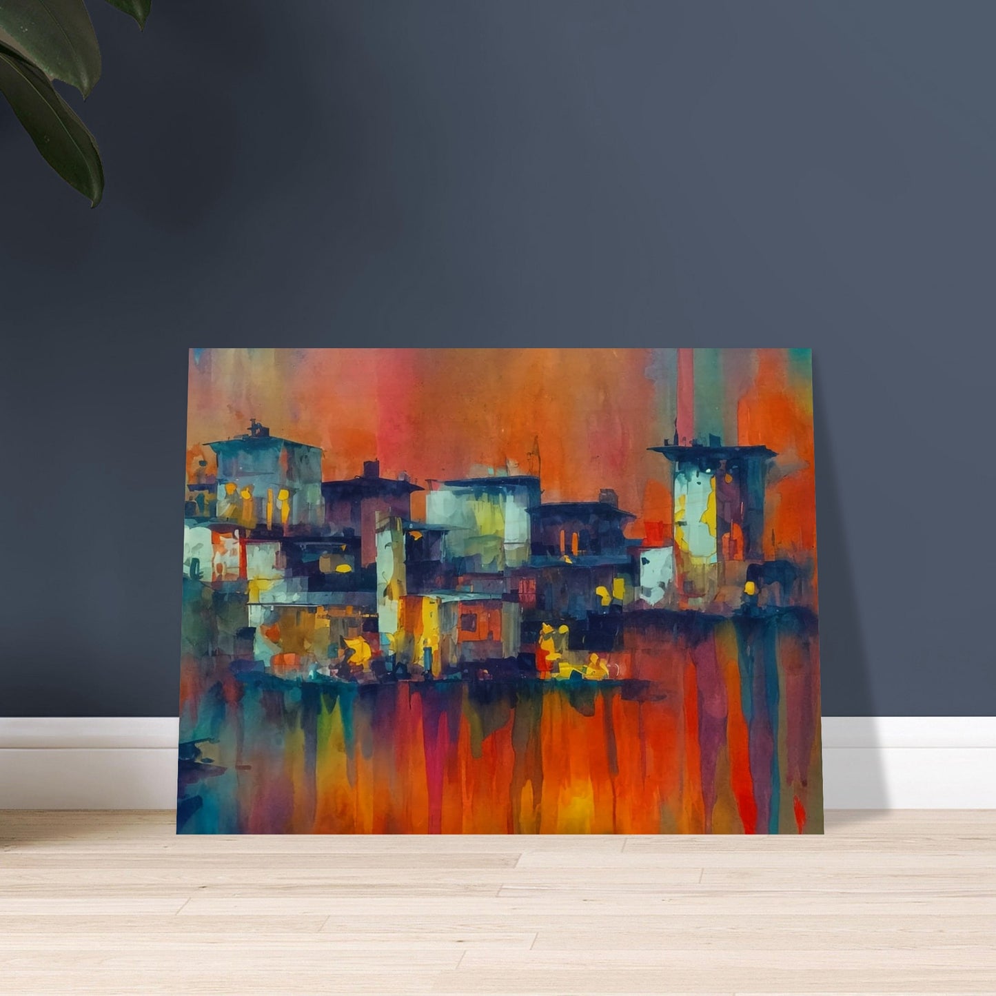 Vibrant abstract cityscape with glowing buildings against a rich, multicolored sky, capturing the essence of an evening skyline.