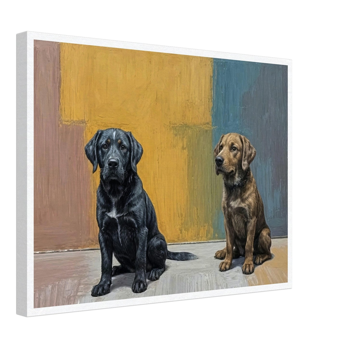 A realistic painting of two dogs sitting side by side against a colorful background, showcasing a black and a brown dog.