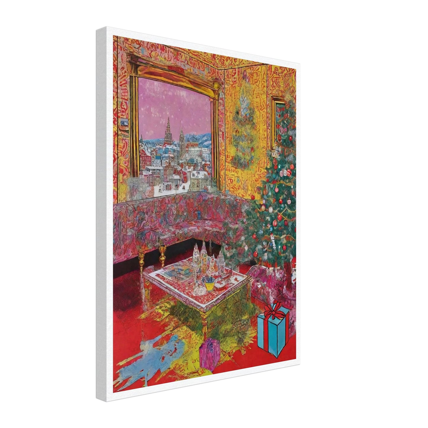 A vibrant living room adorned with a Christmas tree, presents, and festive decorations, featuring a large window showcasing a snowy cityscape with church spires in the distance.