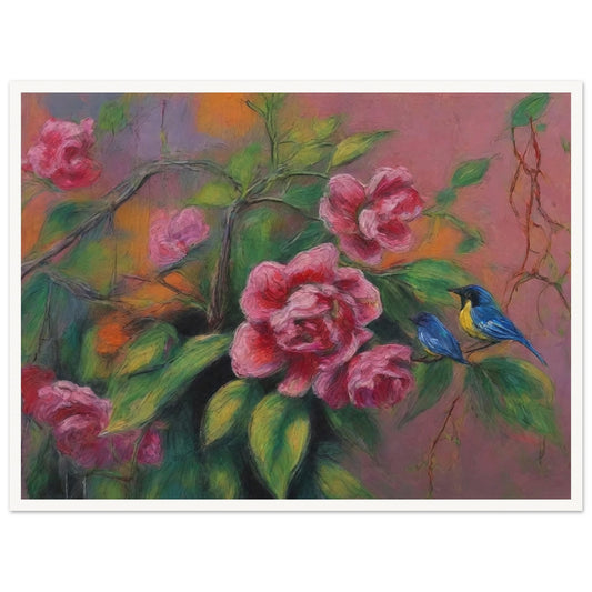 A vibrant painting showcasing large pink flowers in full bloom with two small blue and yellow birds perched on the branches.