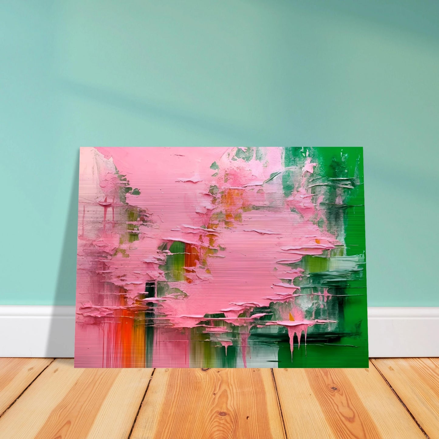 Vibrant abstract art with bold green and pink textures, layered and dripping paint blending with subtle orange and white strokes.