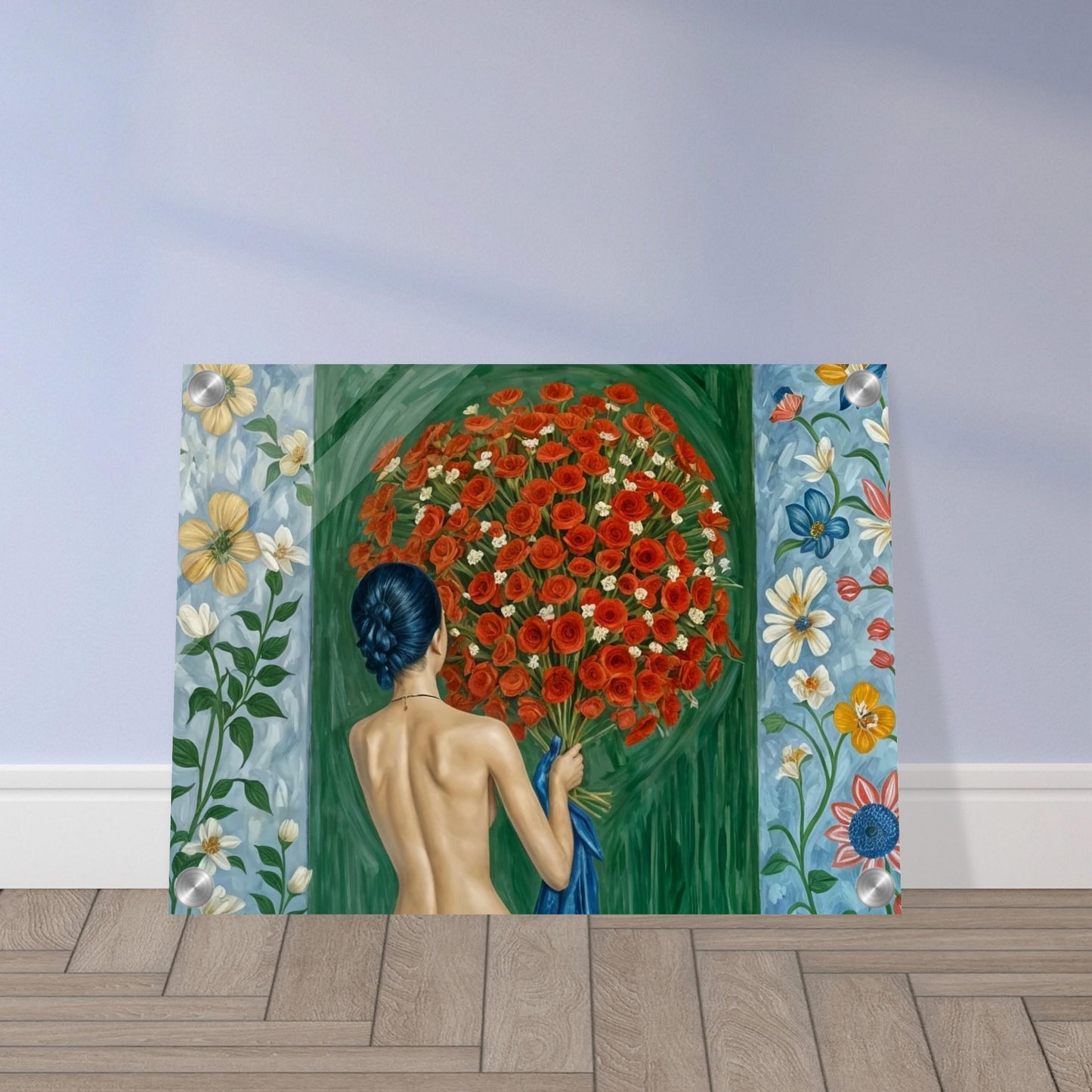 A painting of a woman with her back turned, holding a large bouquet of red roses against a vibrant backdrop of floral patterns, symbolizing a deep connection with nature.