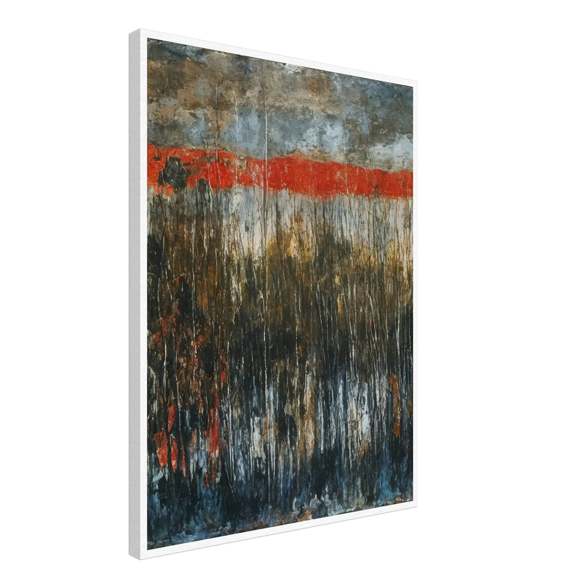 A captivating landscape with a vivid red horizon, contrasted by dark, misty foliage in the foreground, evoking a sense of mystery and drama.