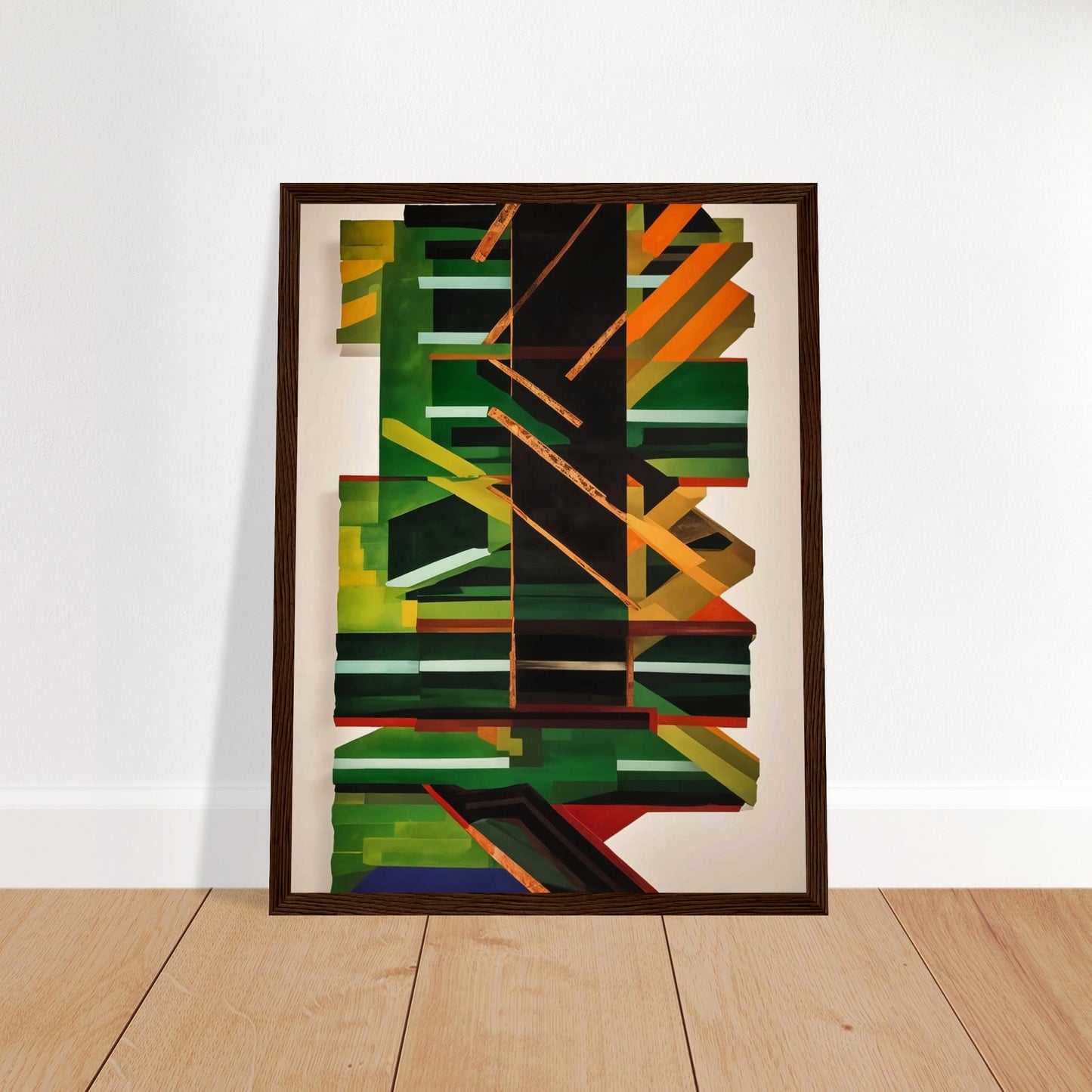 A dynamic and visually engaging abstract painting featuring a complex arrangement of geometric shapes and lines in green, black, orange, and yellow. Central focus on a large black vertical shape with intersecting diagonal and horizontal lines, creating depth and movement.
