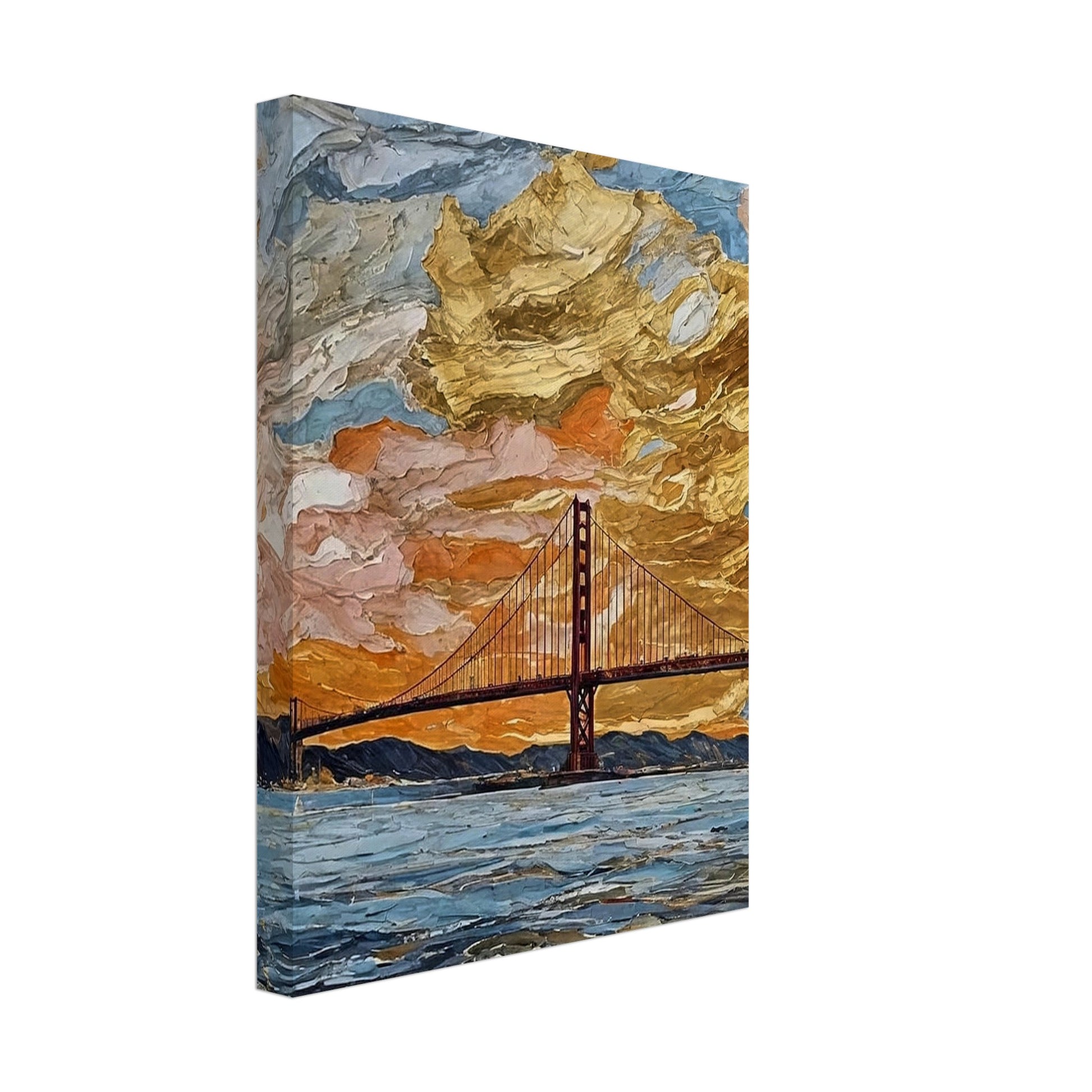 "A vibrant painting of a bridge at sunset, with dramatic golden clouds filling the sky and reflecting off the water below."