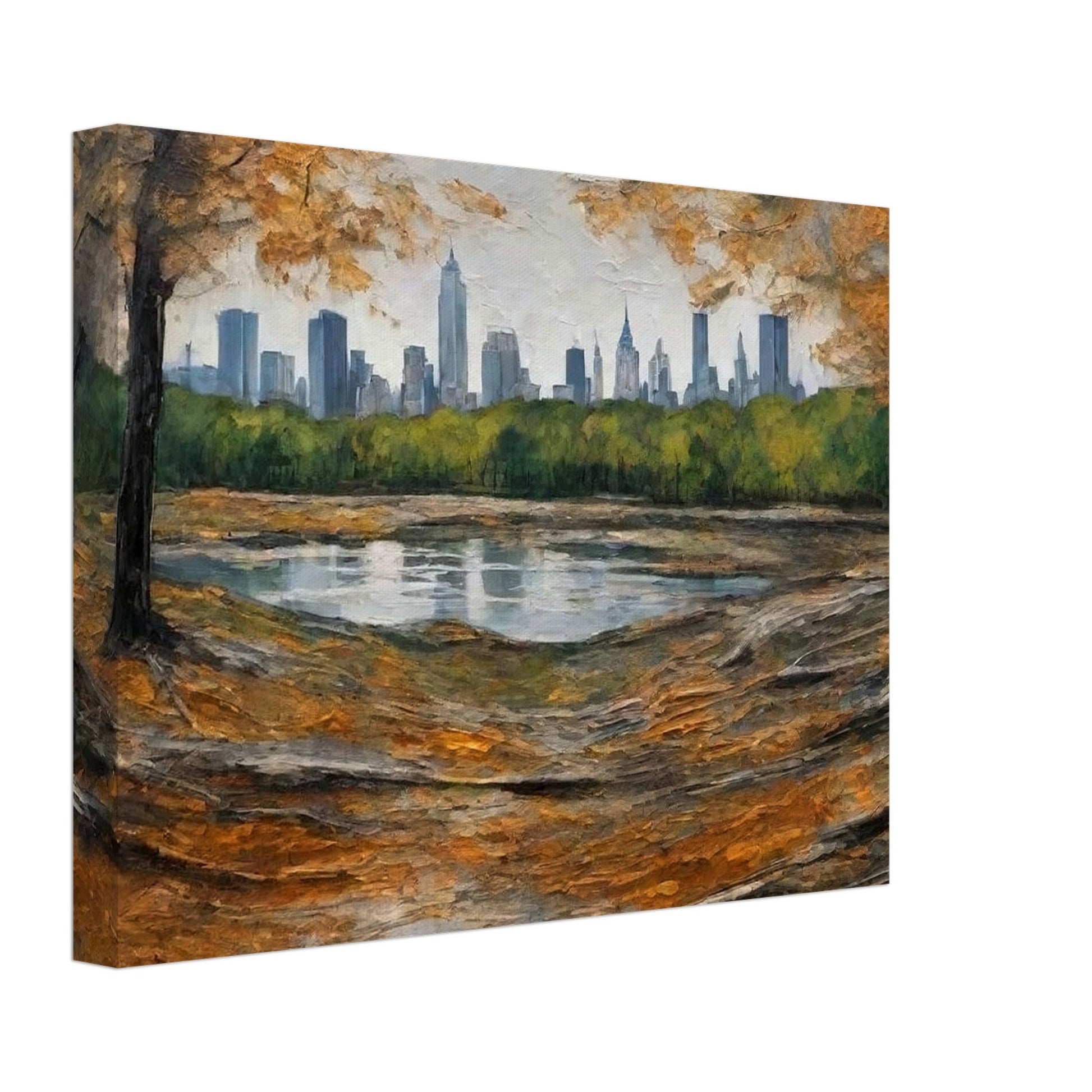 "A beautiful autumn scene with golden leaves framing a city skyline in the distance, viewed from the edge of a tranquil pond in the park."