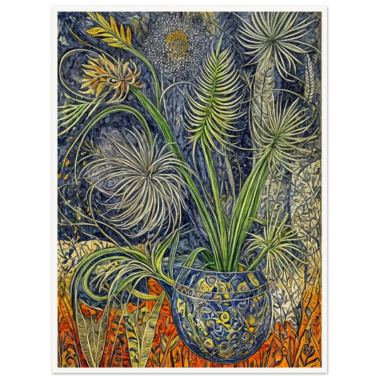 An intricate painting of lush green plants in a patterned blue vase, surrounded by detailed foliage and vibrant orange accents in the background.