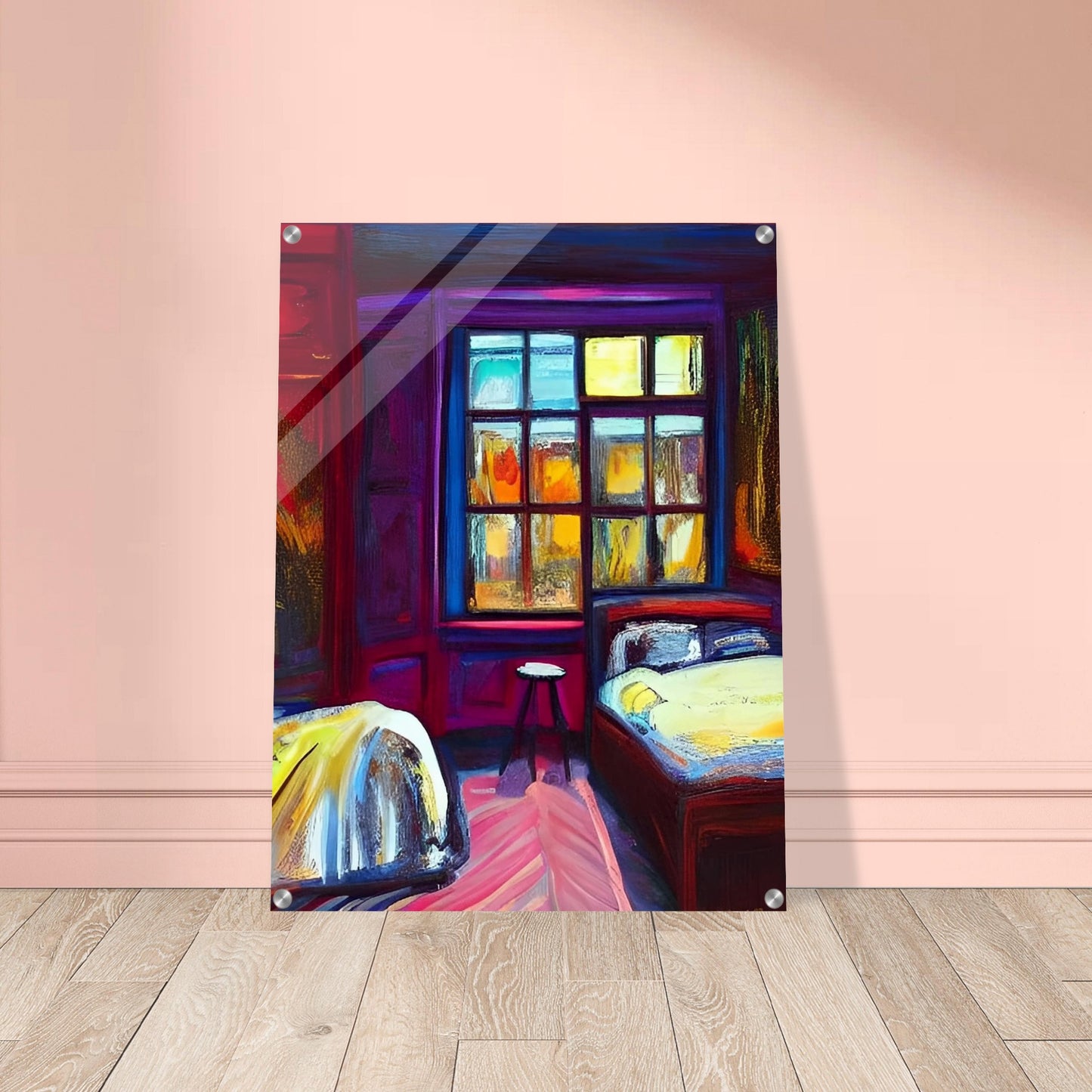 A vibrant painting of a bedroom illuminated by the warm glow of the evening light coming through a large window, casting colorful reflections on the walls and furniture