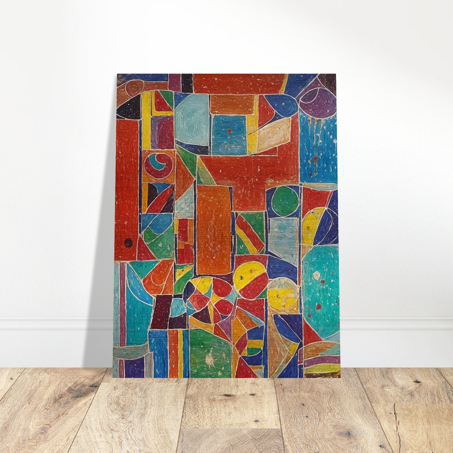 A vibrant abstract painting filled with geometric shapes and bold colors, creating a dynamic and lively composition.