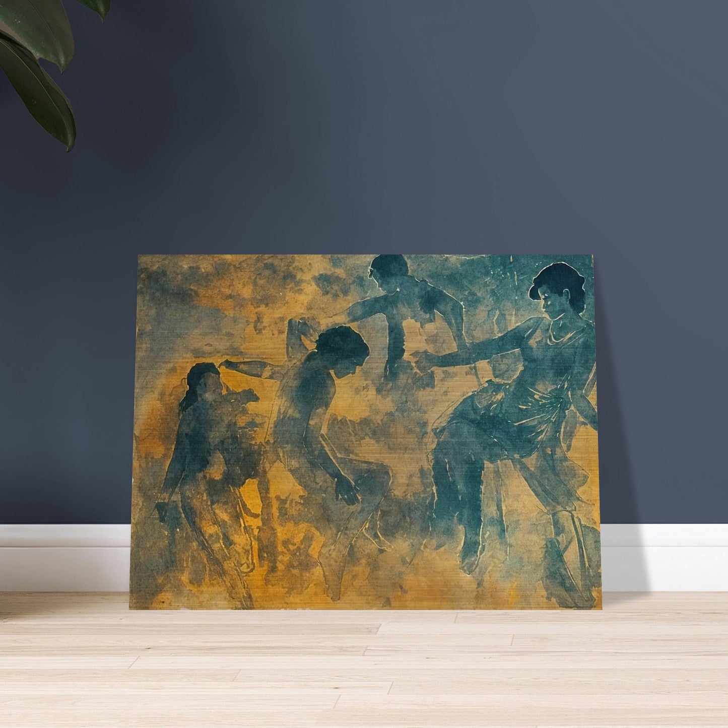 A serene artwork featuring ethereal figures in motion, rendered in soft hues of blue and gold. The dancers appear to be gracefully interacting with one another, evoking a sense of harmony and fluidity.