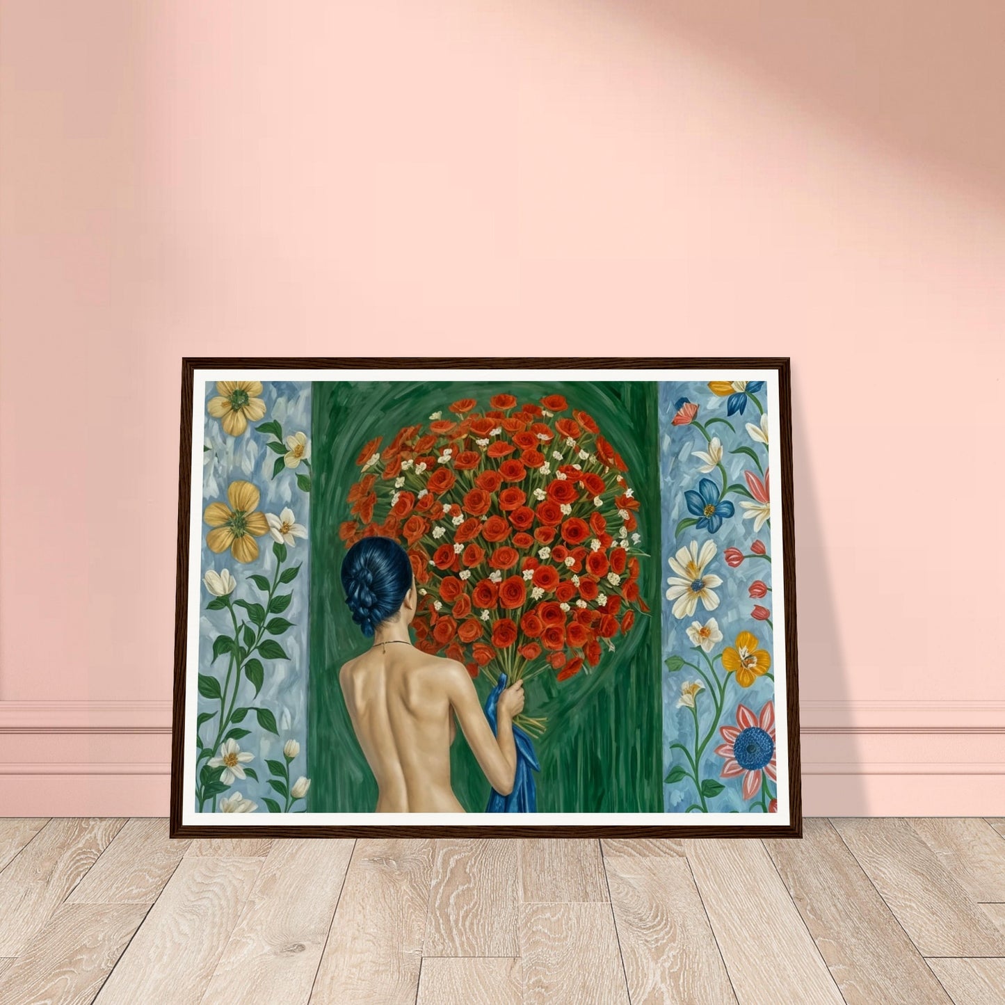 A painting of a woman with her back turned, holding a large bouquet of red roses against a vibrant backdrop of floral patterns, symbolizing a deep connection with nature.
