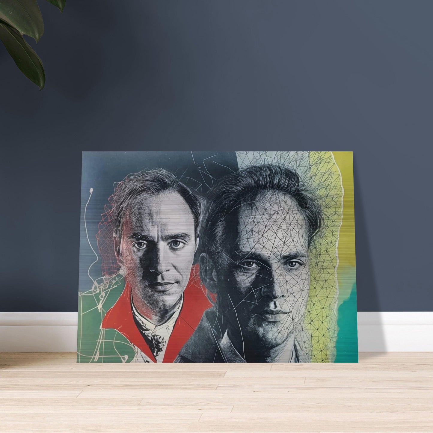 A surreal portrait featuring two faces of the same man, one with a vibrant red collar and the other interwoven with abstract lines.