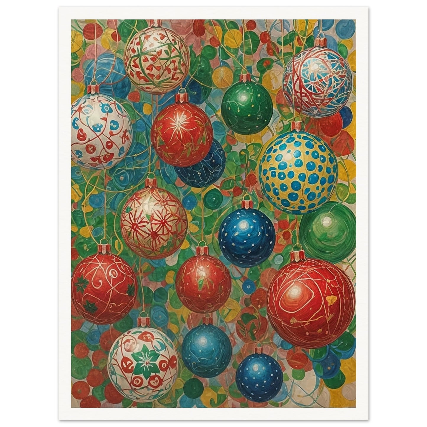 A vibrant array of colorful Christmas ornaments in red, blue, green, and white, decorated with intricate patterns and set against a lively background of overlapping colors.