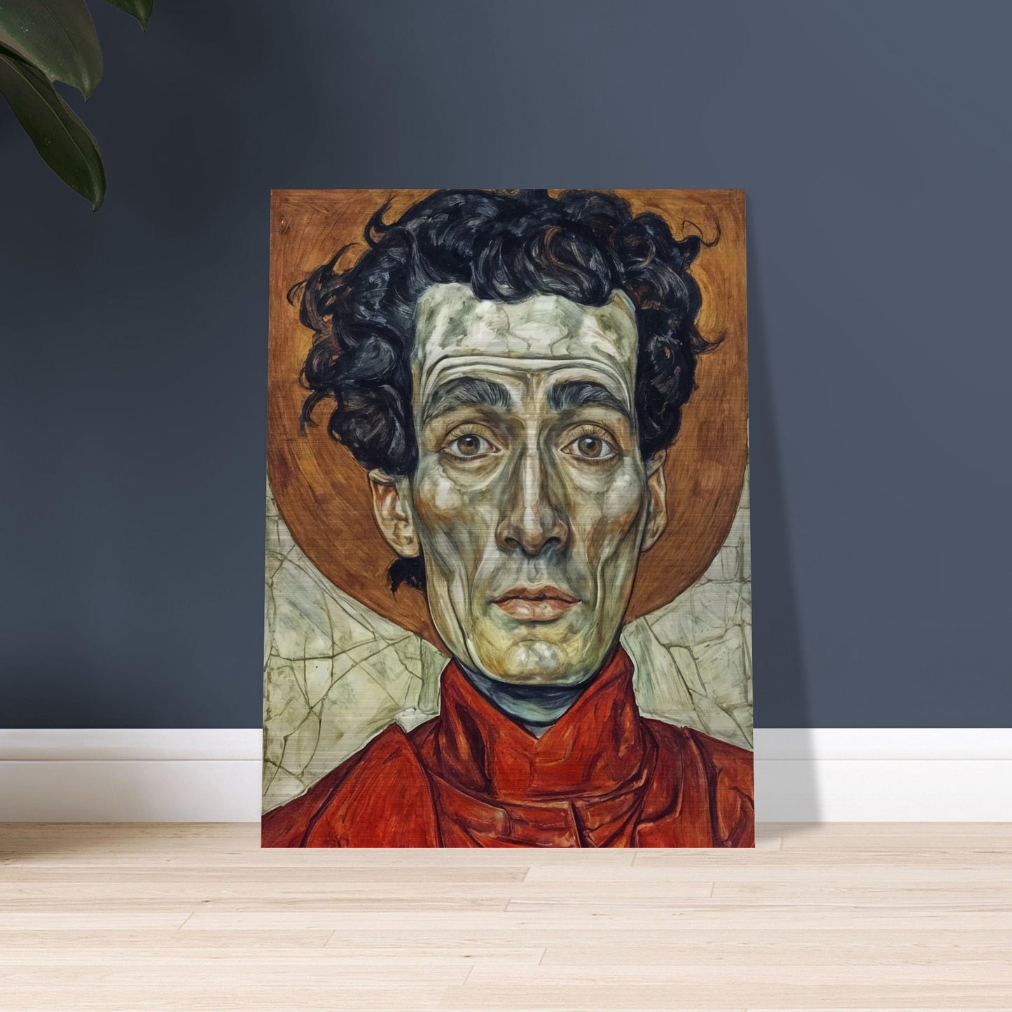 A striking portrait of a man with intense, solemn eyes, painted in vivid reds and browns, capturing a deep sense of weariness and resolve.