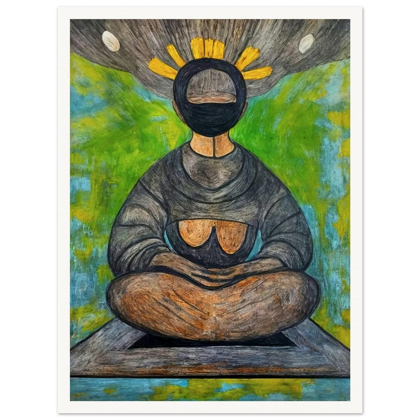 An abstract depiction of a meditative figure seated in a cross-legged position with a halo-like crown of yellow rays, set against a vibrant green and blue background, symbolizing tranquility and spiritual reflection.