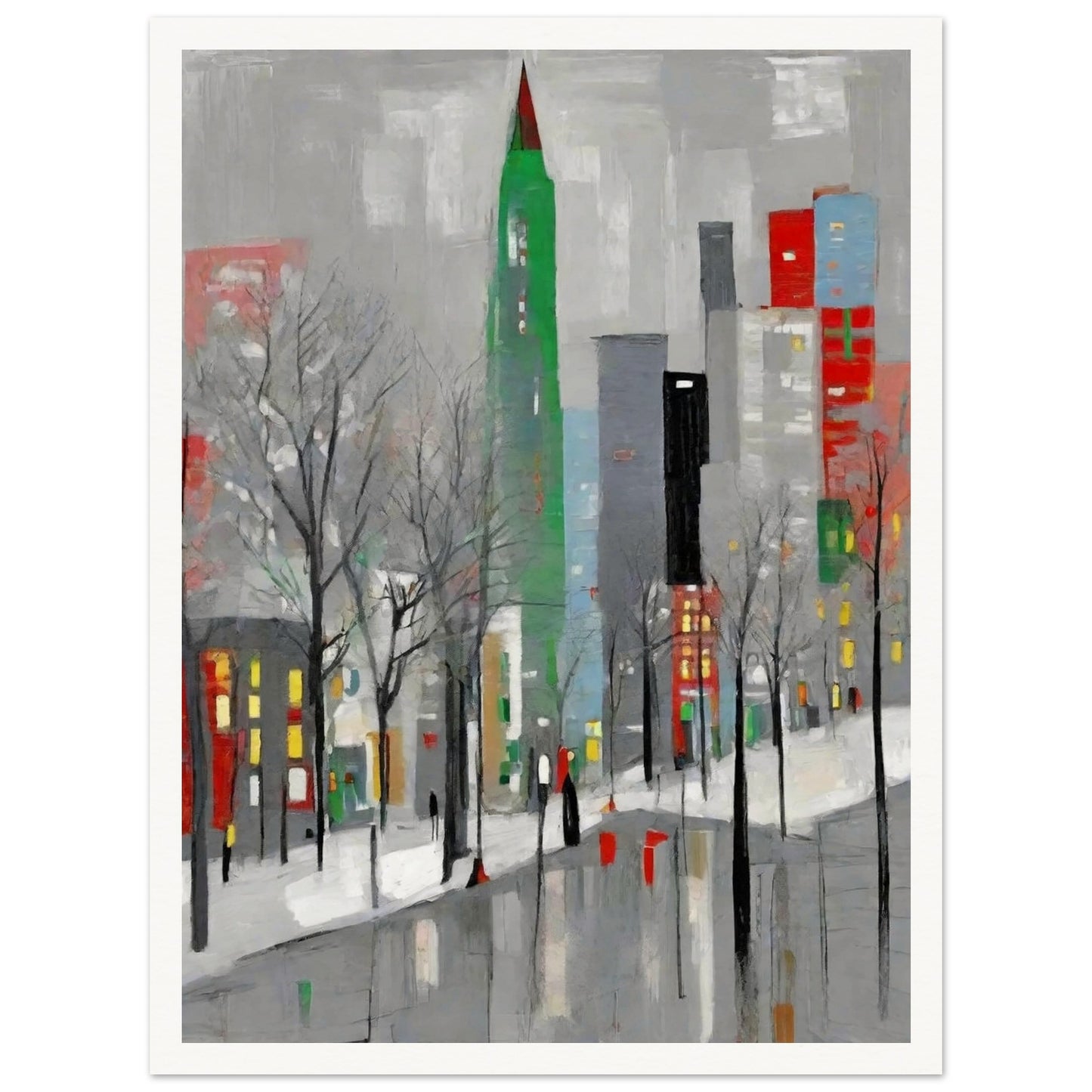 A modern winter cityscape featuring tall buildings in muted tones with pops of red and green, leafless trees, and snow-covered streets.